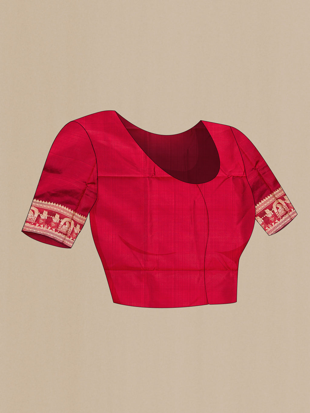 Close up image of the blouse of Maroon Baluchari Silk Saree with Thread Butta on the body and Thread Border. 