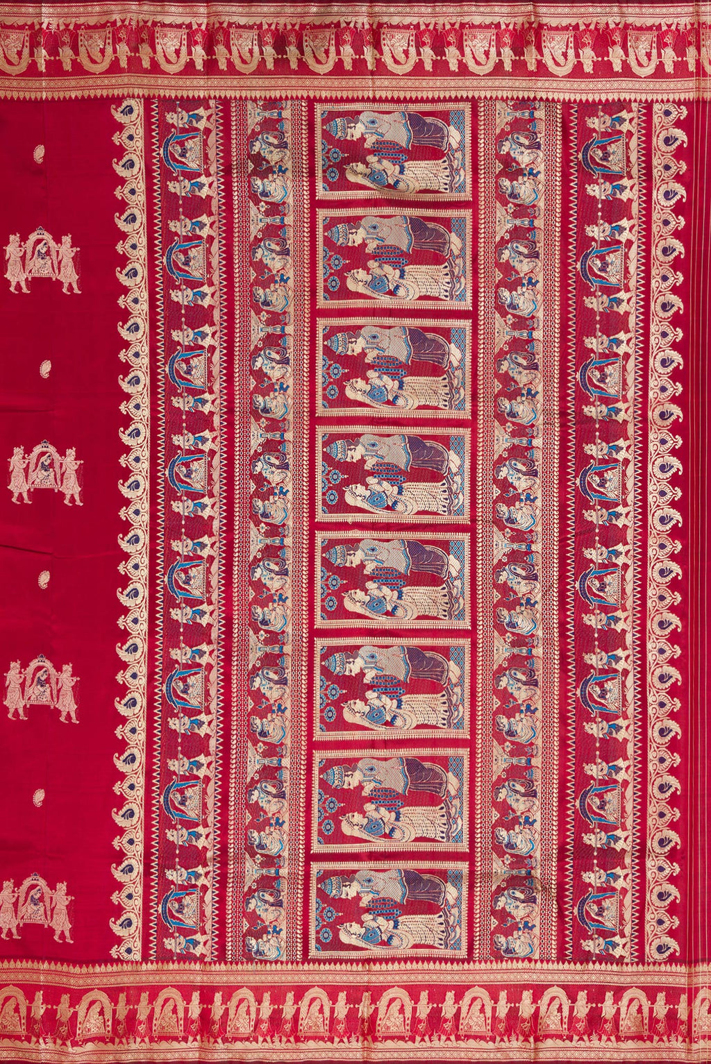 Close up image of the pallu of Maroon Baluchari Silk Saree with Thread Butta on the body and Thread Border. 