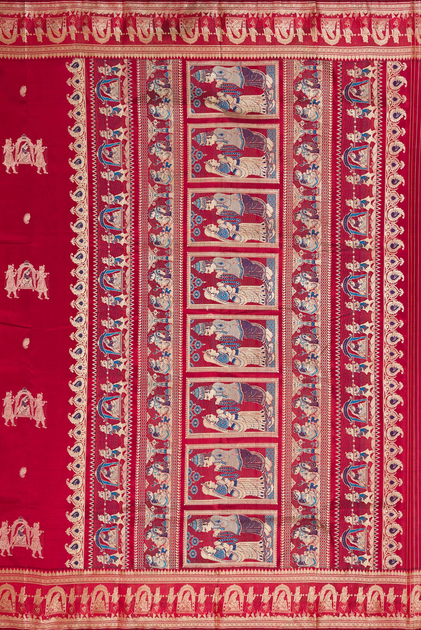 Close up image of the pallu of Maroon Baluchari Silk Saree with Thread Butta on the body and Thread Border. 