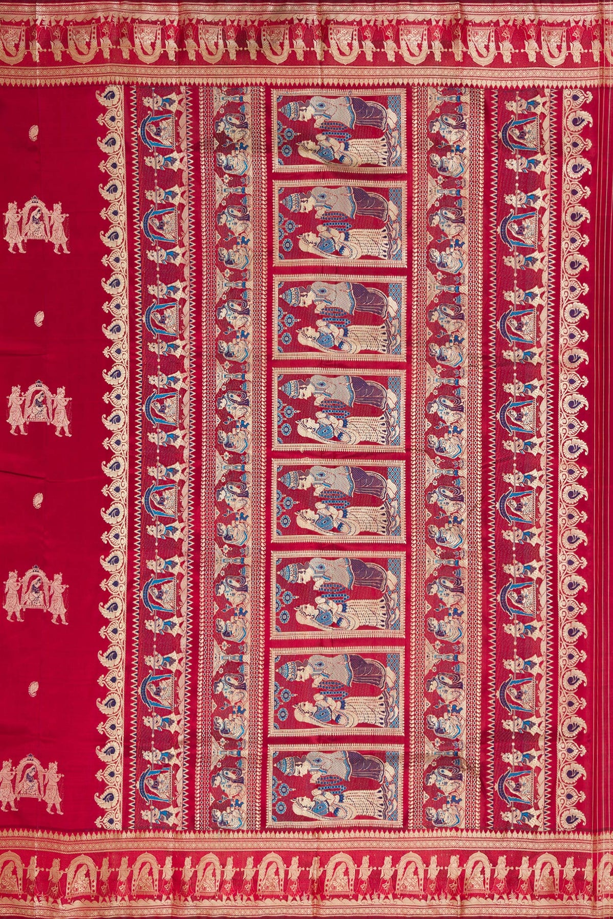 Close up image of the pallu of Maroon Baluchari Silk Saree with Thread Butta on the body and Thread Border. 