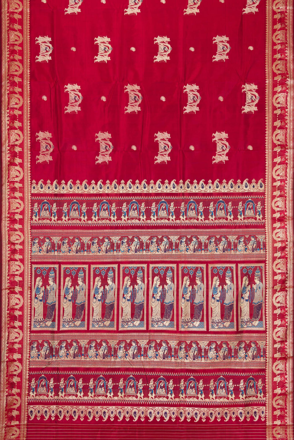 Flat view of Maroon Baluchari Silk Saree with Thread Butta on the body and Thread Border. 