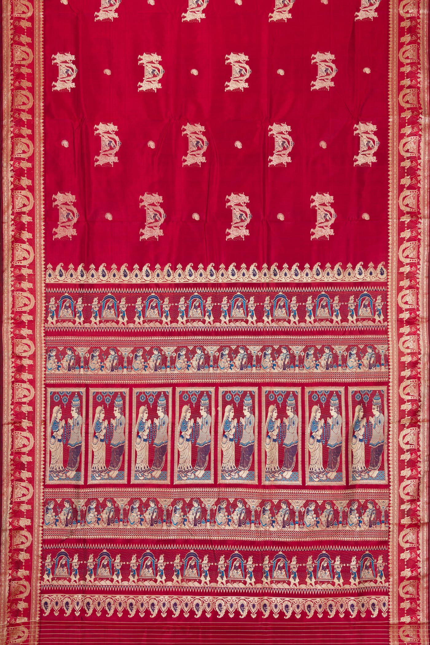 Flat view of Maroon Baluchari Silk Saree with Thread Butta on the body and Thread Border. 