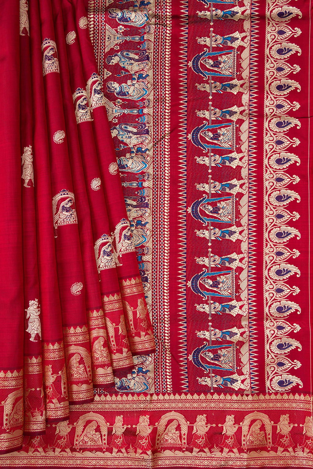 Pleats and pallu of Maroon Baluchari Silk Saree with Thread Butta on the body and Thread Border. 