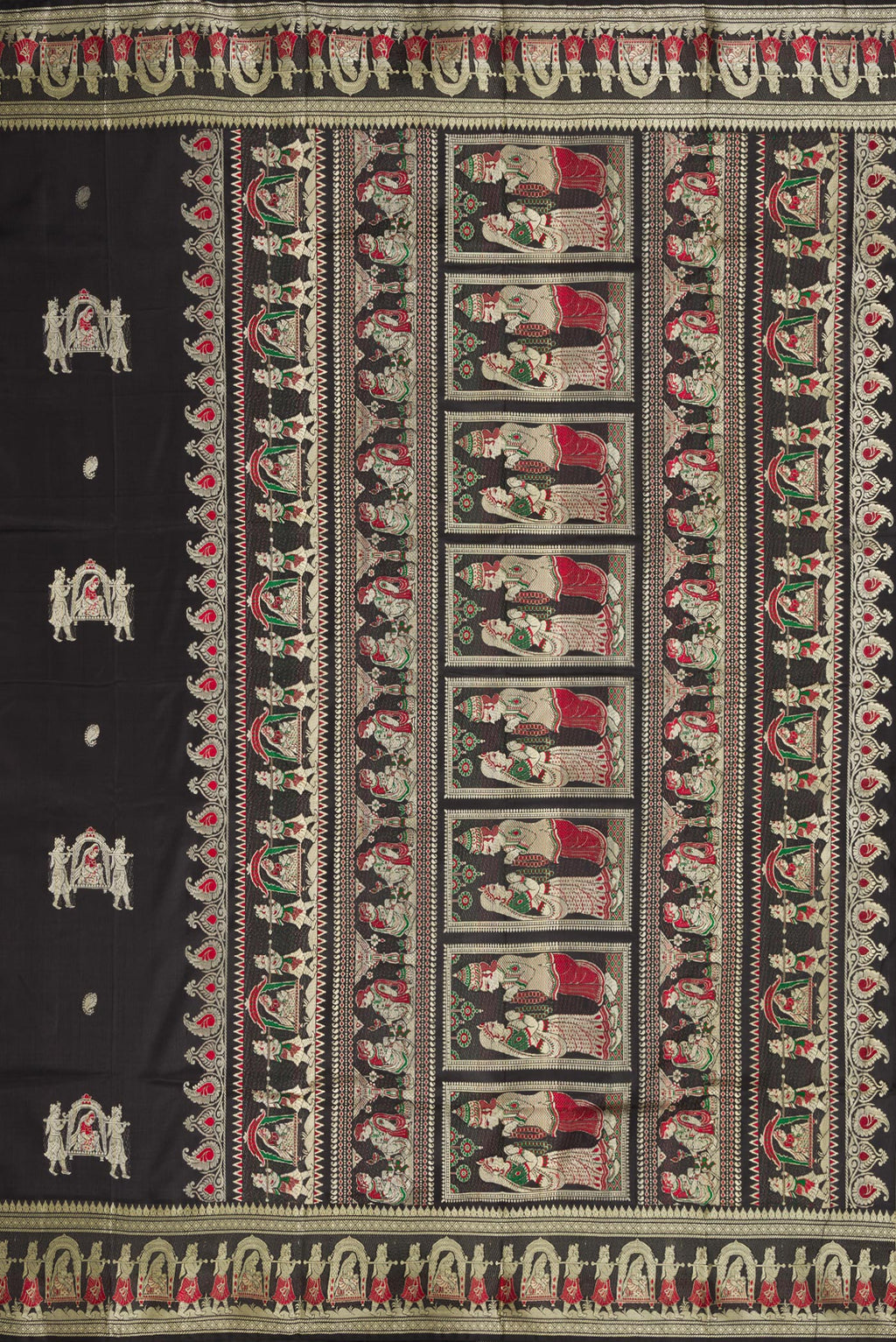 Close up image of the pallu of Black Baluchari Silk Saree with Thread Butta on the body and Thread Border. 