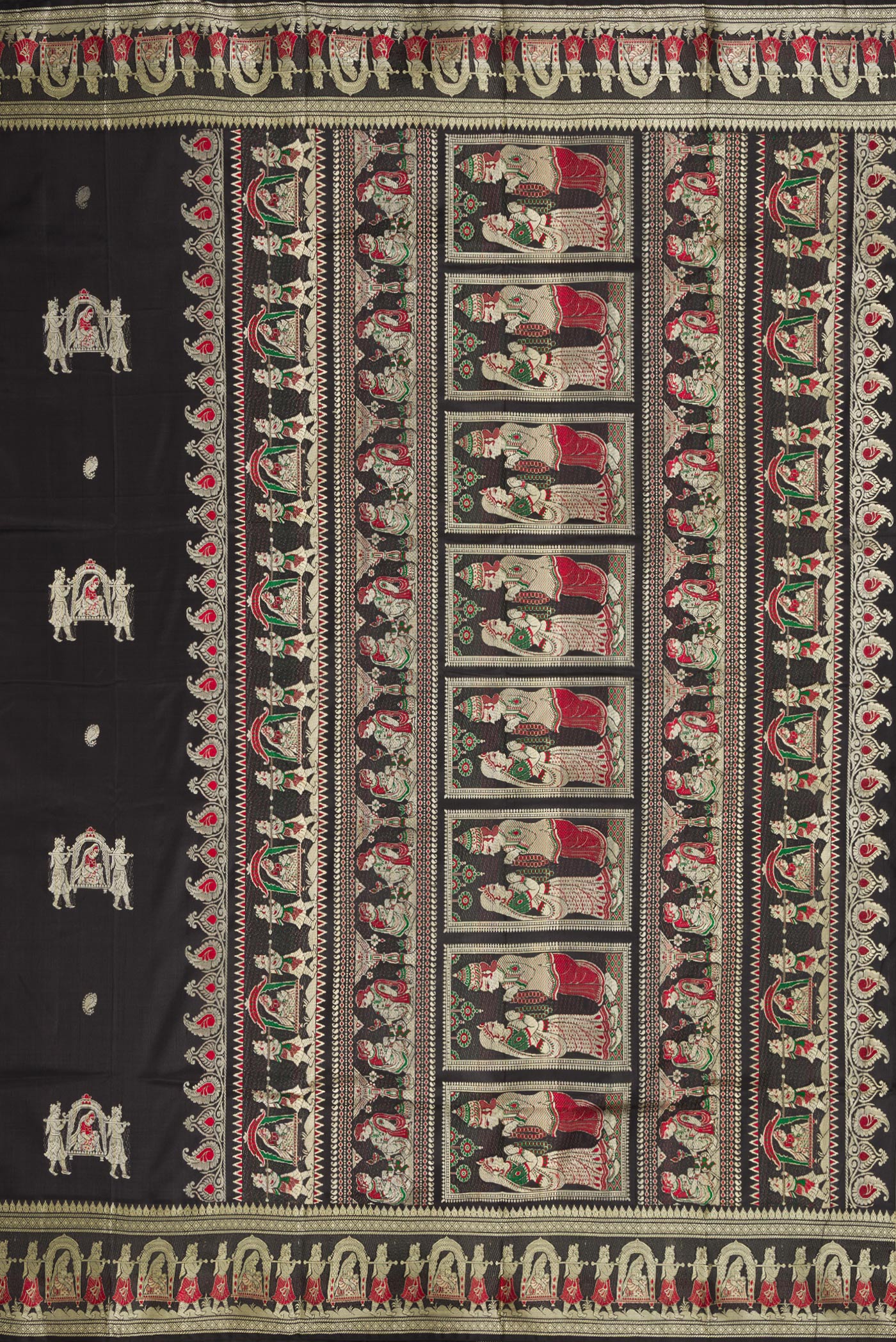 Close up image of the pallu of Black Baluchari Silk Saree with Thread Butta on the body and Thread Border. 