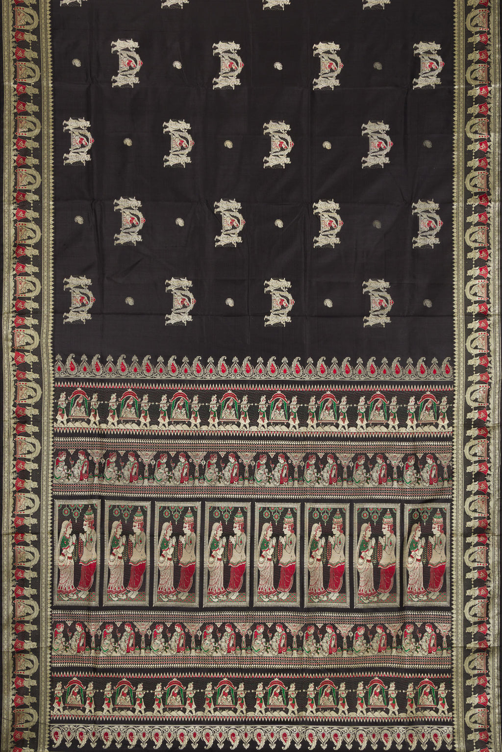 Flat view of Black Baluchari Silk Saree with Thread Butta on the body and Thread Border. 