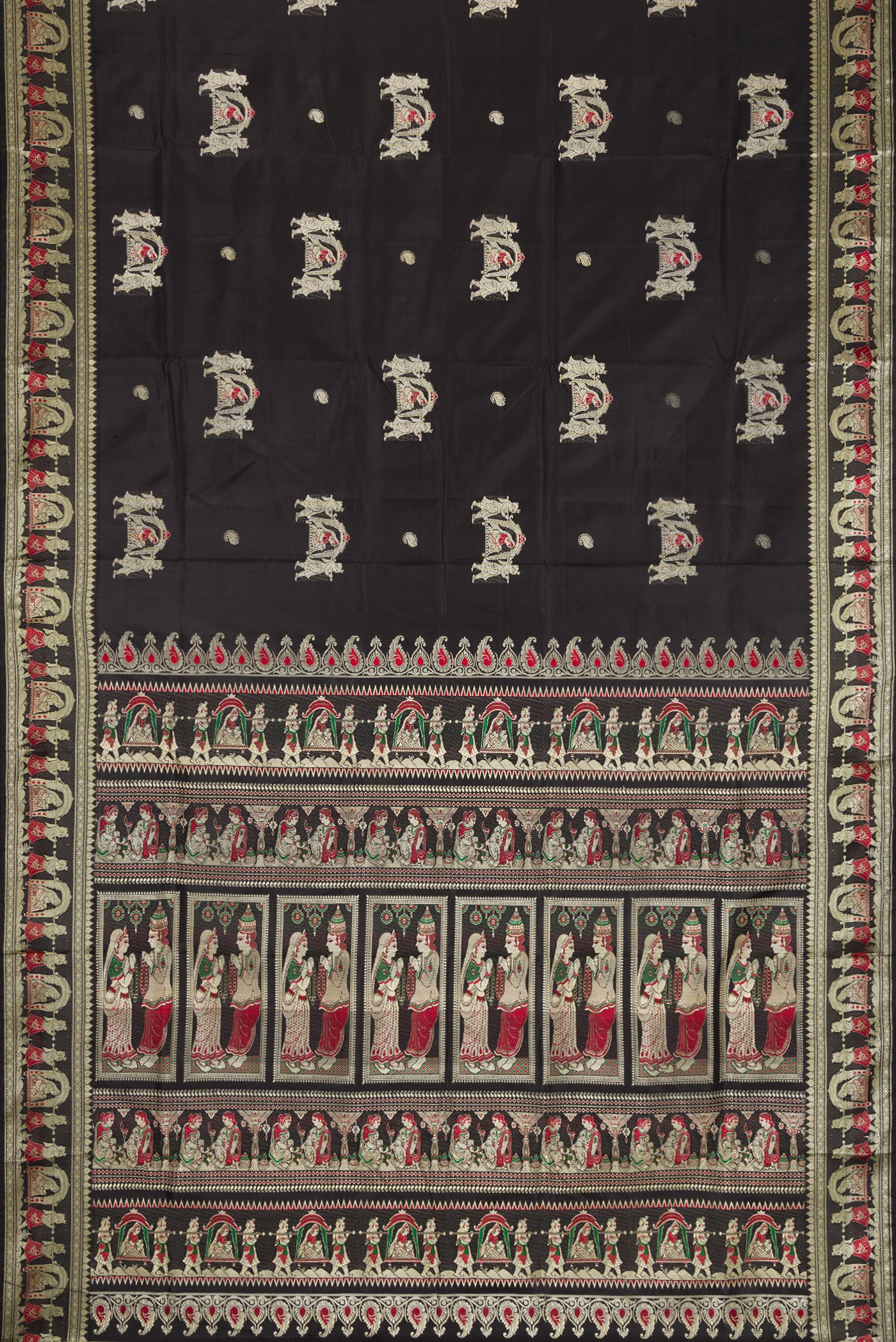 Flat view of Black Baluchari Silk Saree with Thread Butta on the body and Thread Border. 