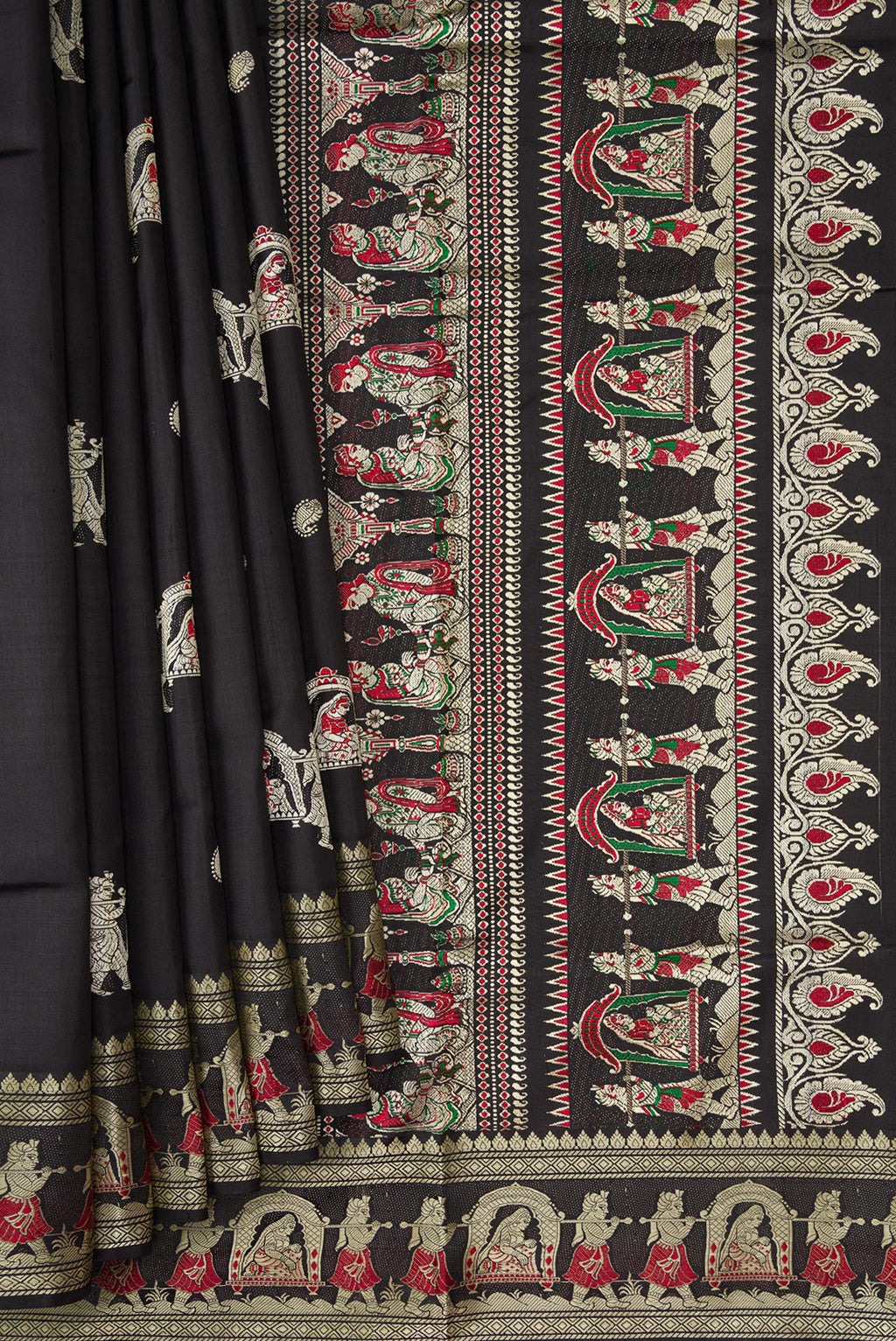Pleats and pallu of Black Baluchari Silk Saree with Thread Butta on the body and Thread Border. 