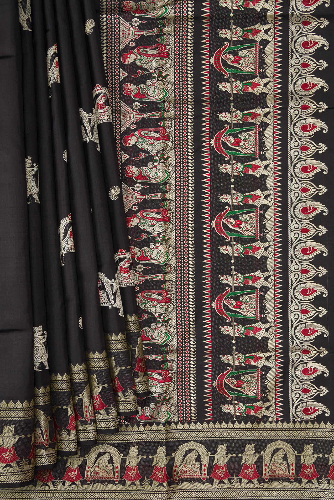 Pleats and pallu of Black Baluchari Silk Saree with Thread Butta on the body and Thread Border. 