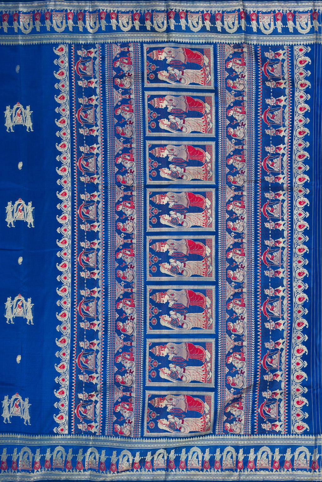 Close up image of the pallu of Royal Blue Dual Tone Baluchari Silk Saree with Thread Butta on the body and Thread Border. 