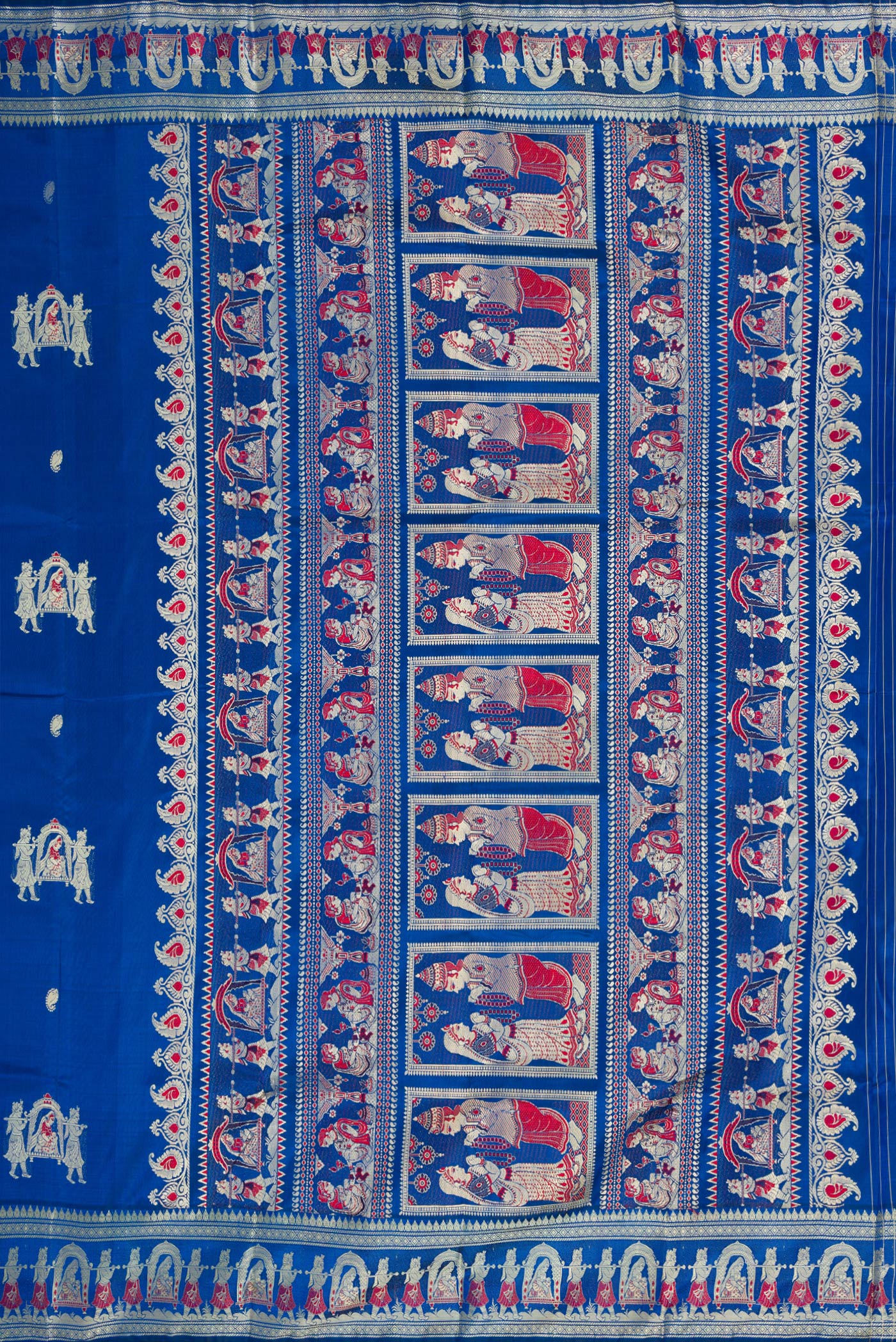 Close up image of the pallu of Royal Blue Dual Tone Baluchari Silk Saree with Thread Butta on the body and Thread Border. 