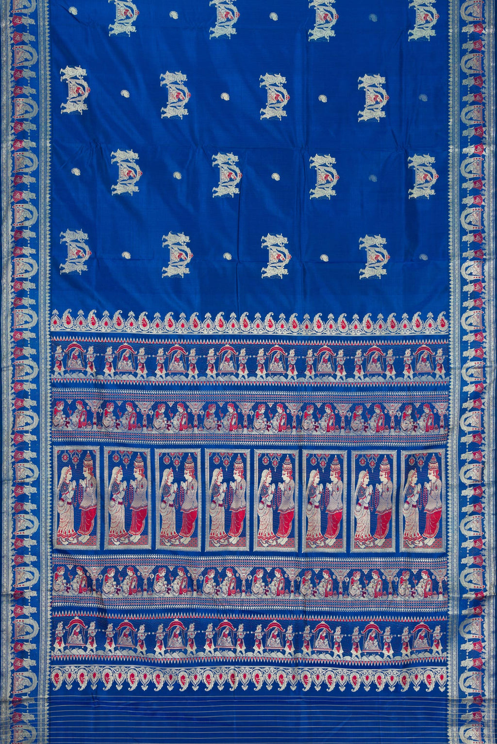 Flat view of Royal Blue Dual Tone Baluchari Silk Saree with Thread Butta on the body and Thread Border. 