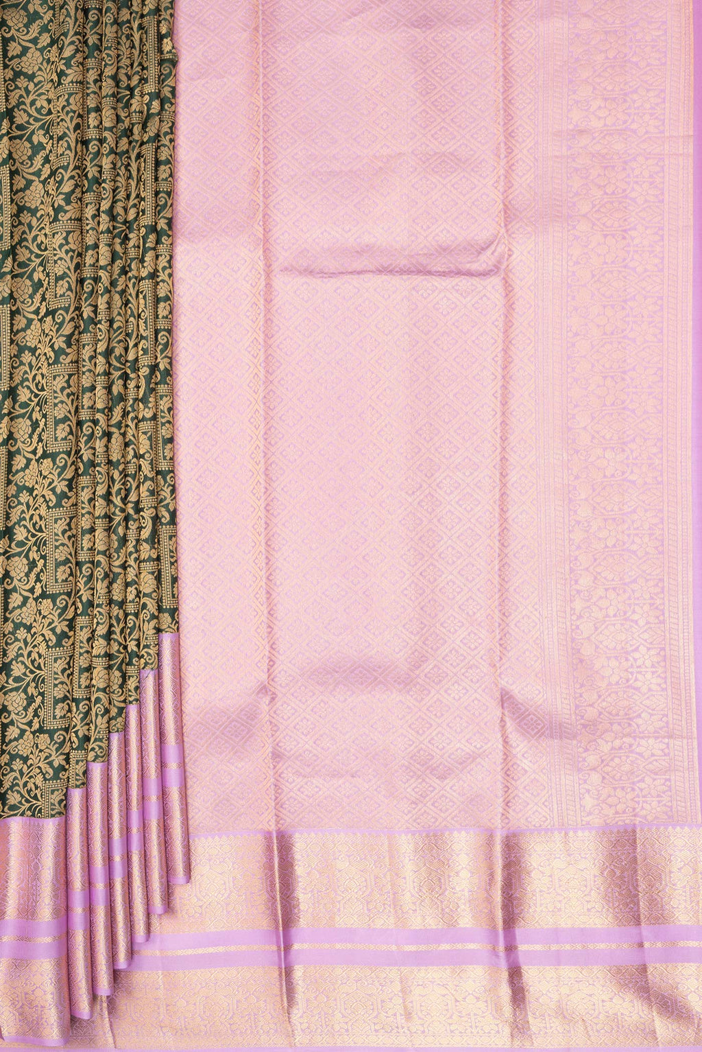 Pleats and pallu of Pure Silk Bottle Green Kanjivaram Saree with Zari Brocade on the body and Zari Border. 