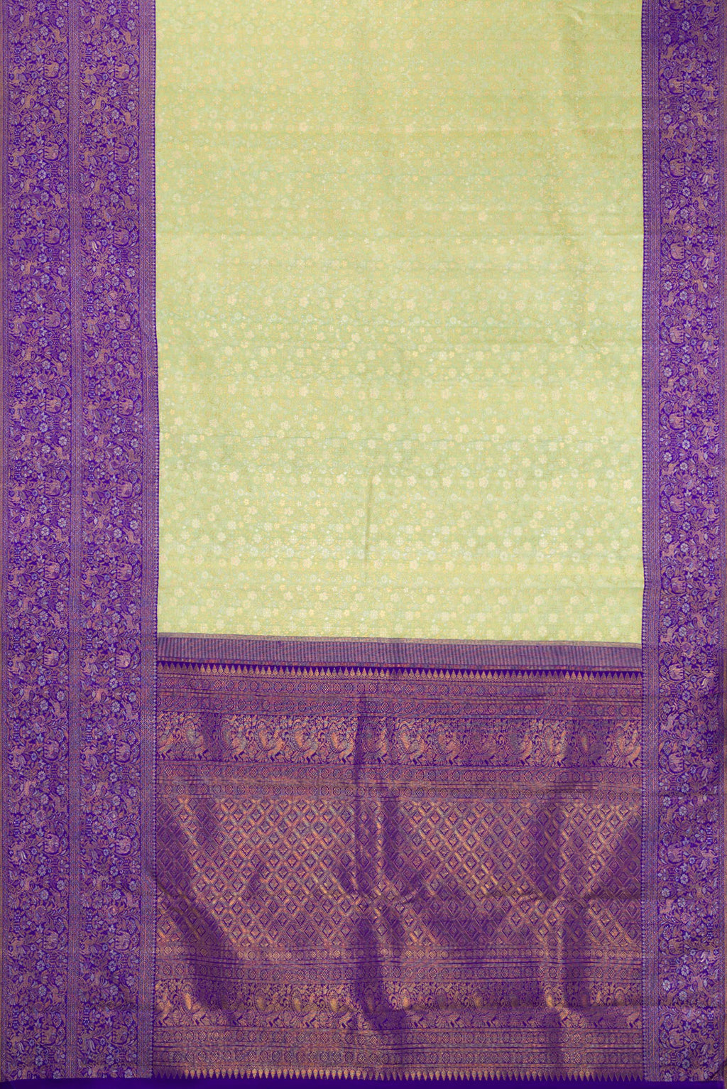Flat view of Pista Green Kanjivaram Silk Saree with Zari Brocade on the body and Fancy Border. 