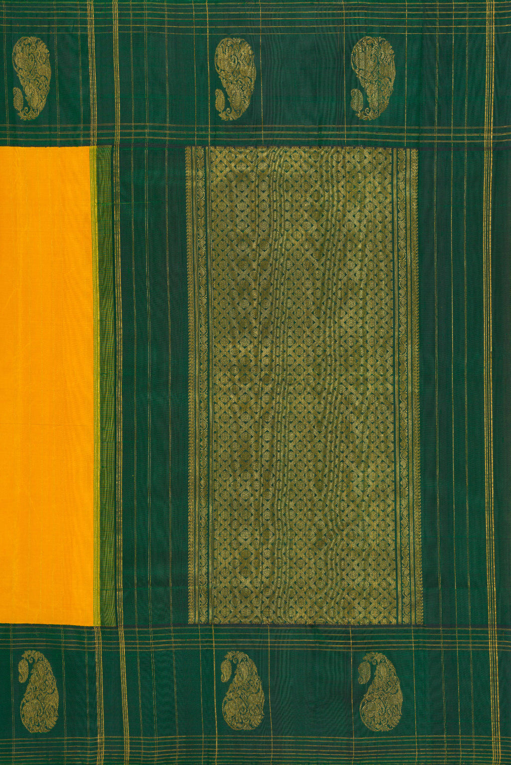 Close up image of the pallu of Yellow Kanchipuram Silk Saree with Stripes on the body and Fancy Border. 