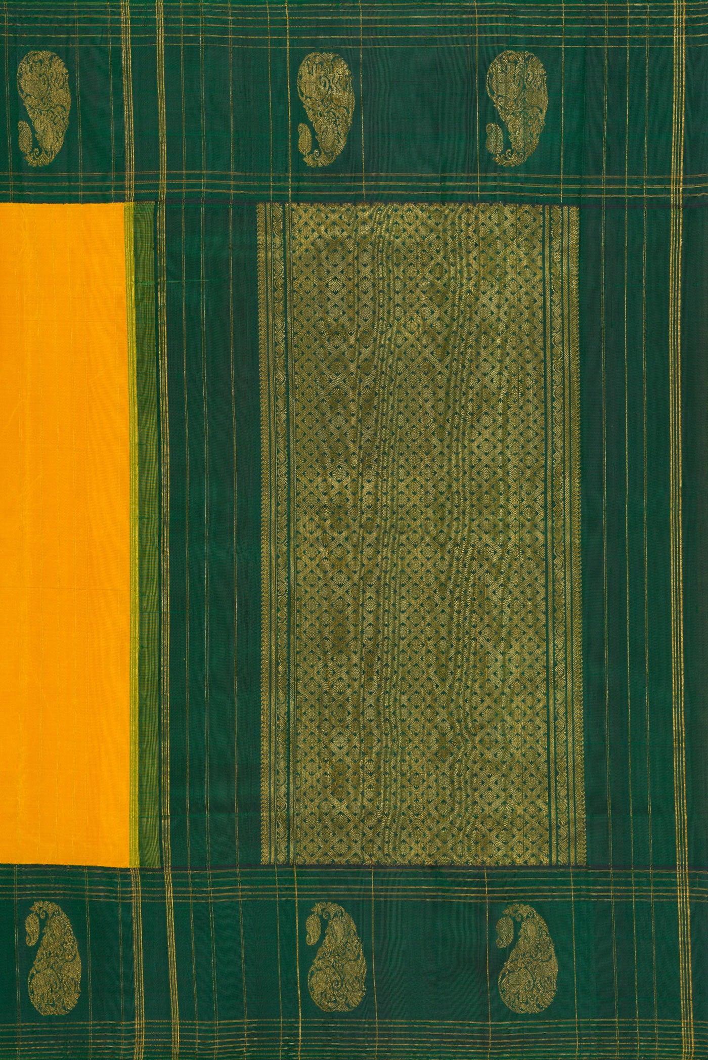 Close up image of the pallu of Yellow Kanchipuram Silk Saree with Stripes on the body and Fancy Border. 