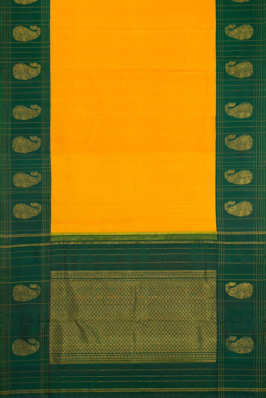 Flat view of Yellow Kanchipuram Silk Saree with Stripes on the body and Fancy Border. 