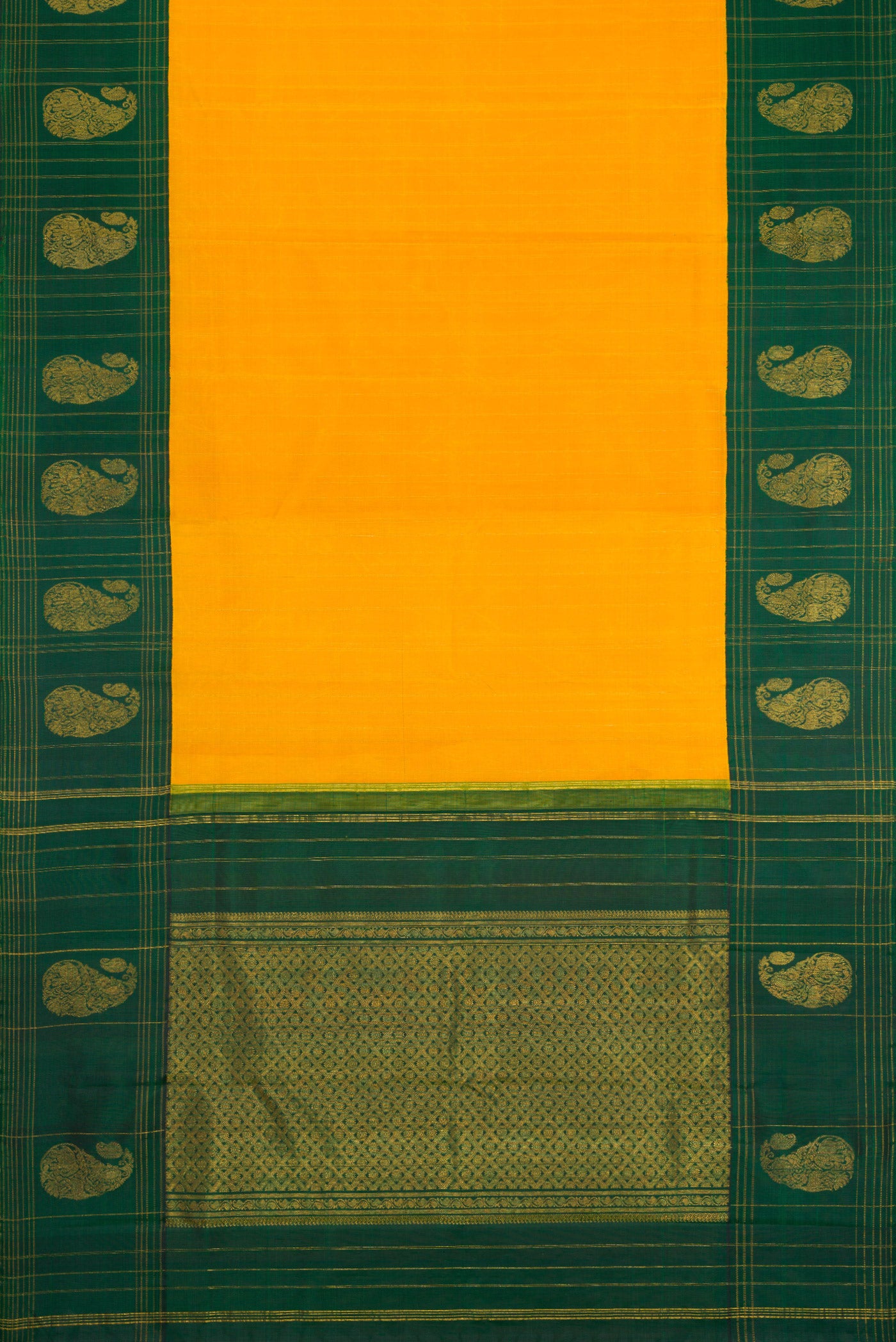 Flat view of Yellow Kanchipuram Silk Saree with Stripes on the body and Fancy Border. 