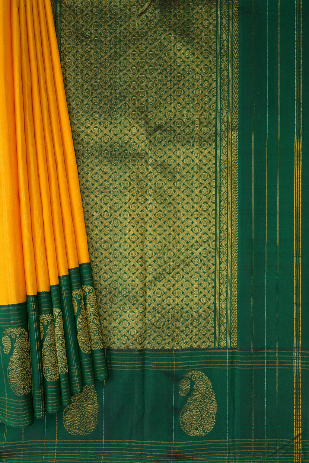 Pleats and pallu of Yellow Kanchipuram Silk Saree with Stripes on the body and Fancy Border. 