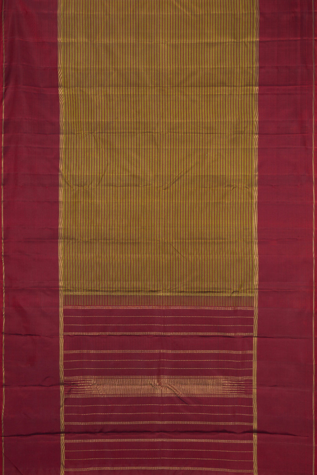 Flat view of Pure Silk Pure Zari Mehandi Green Kanchipuram Saree with Stripes on the body and Plain Border. 
