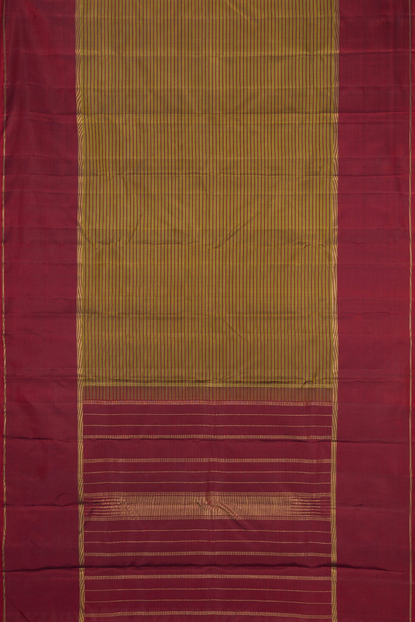 Flat view of Pure Silk Pure Zari Mehandi Green Kanchipuram Saree with Stripes on the body and Plain Border. 