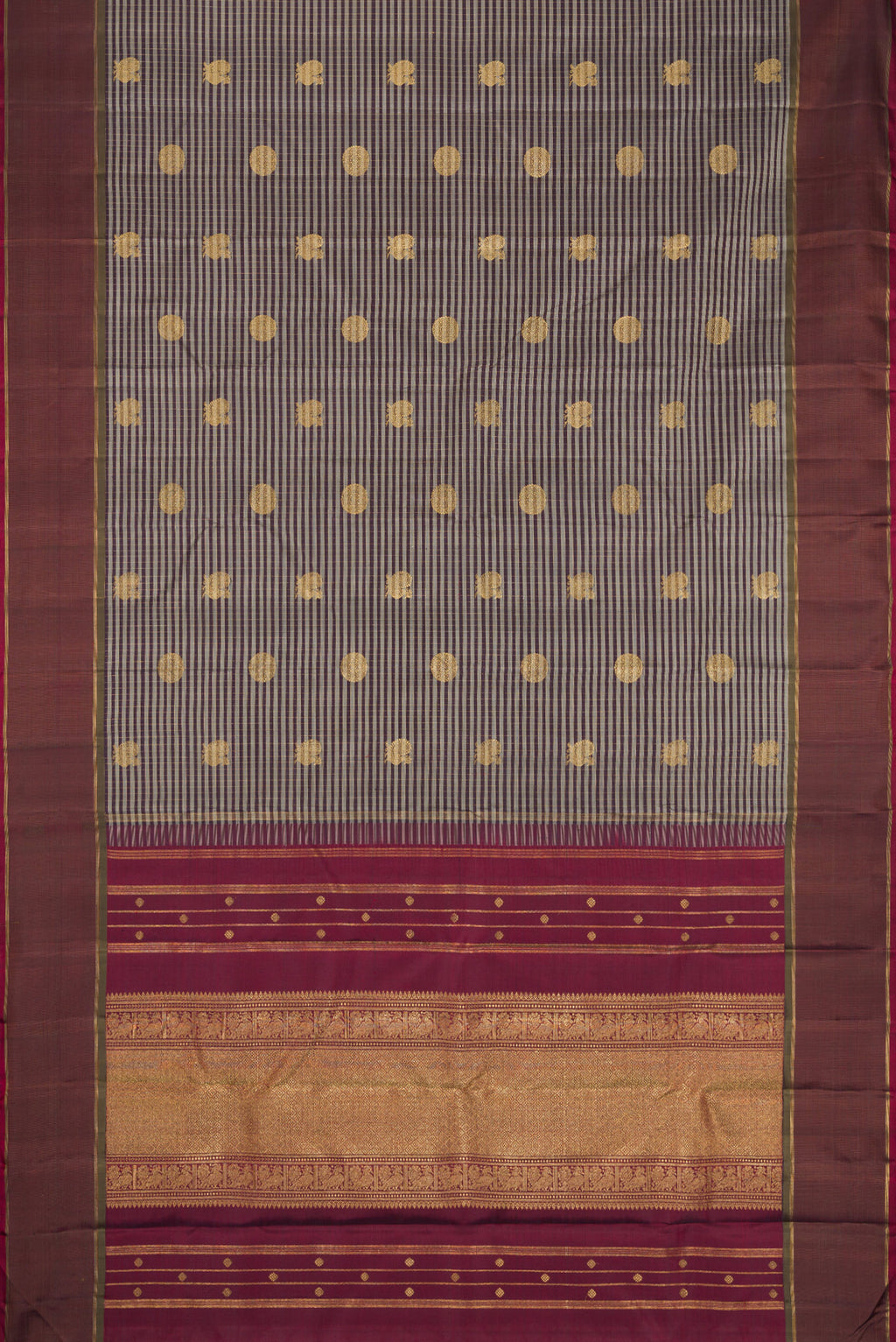 Flat view of Pure Silk Pure Zari Grey Kanjivaram Saree with Checked design on the body and Zari Border. 