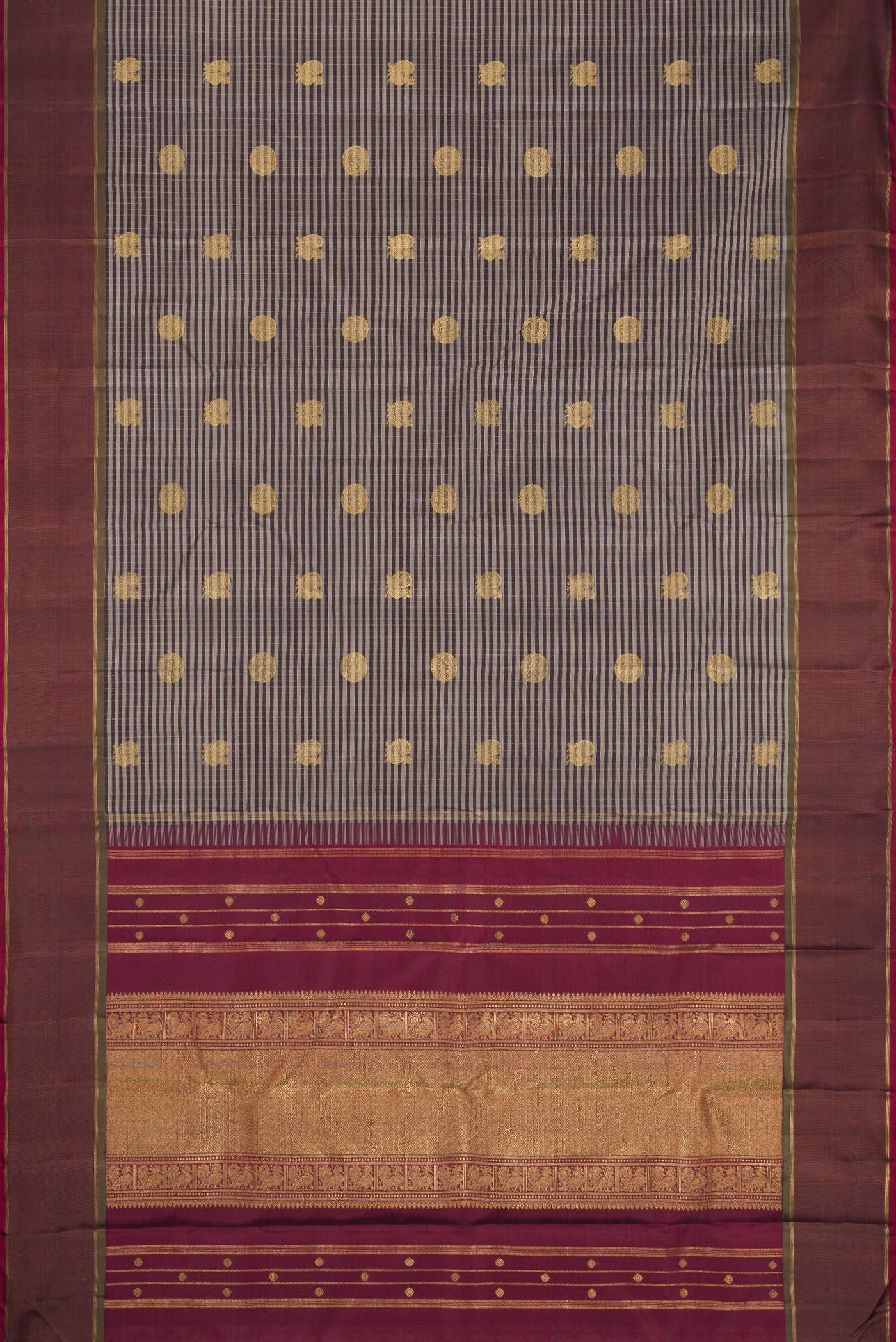 Flat view of Pure Silk Pure Zari Grey Kanjivaram Saree with Checked design on the body and Zari Border. 