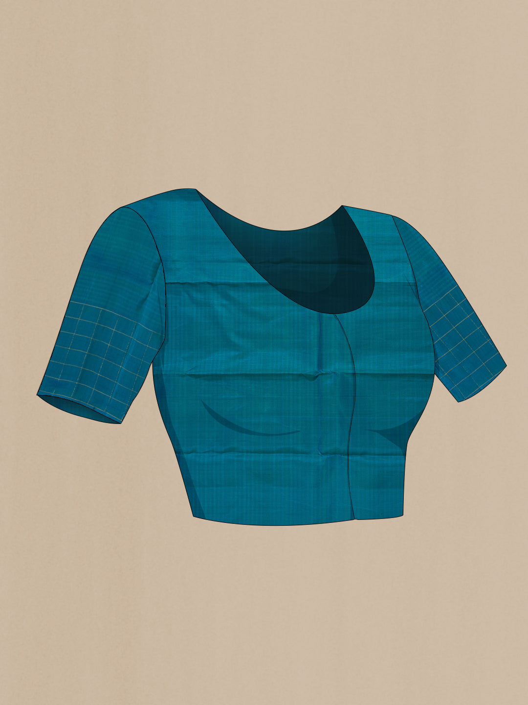 Close up image of the blouse of Peacock Blue Kanjivaram Silk Saree with Stripes on the body and Fancy Border. 