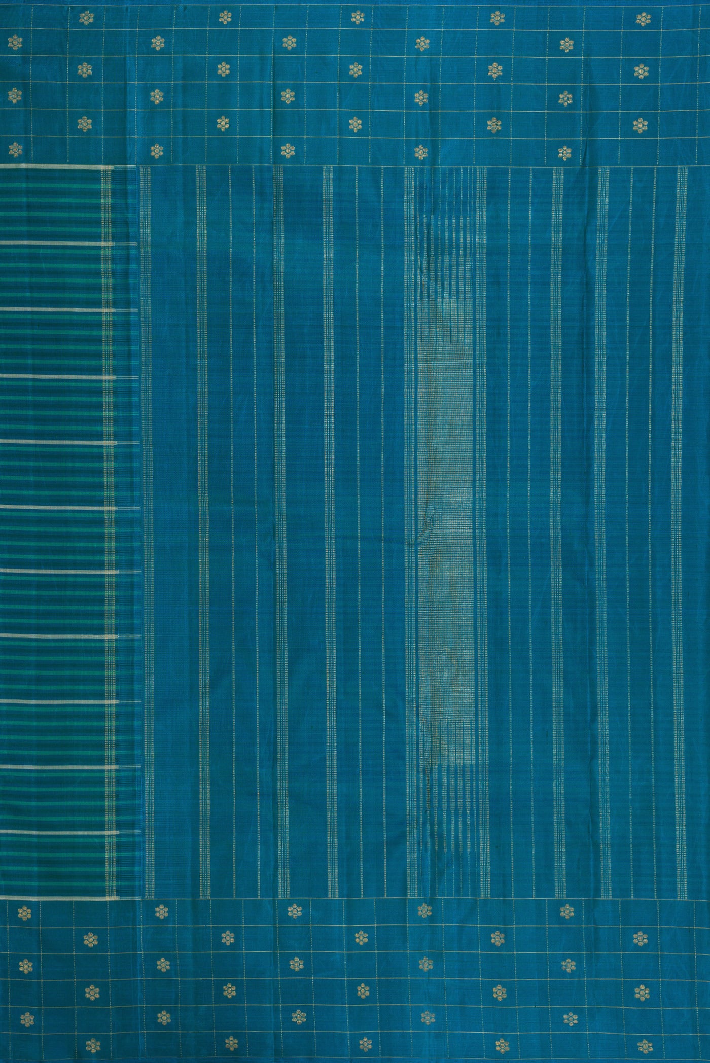 Close up image of the pallu of Peacock Blue Kanjivaram Silk Saree with Stripes on the body and Fancy Border. 