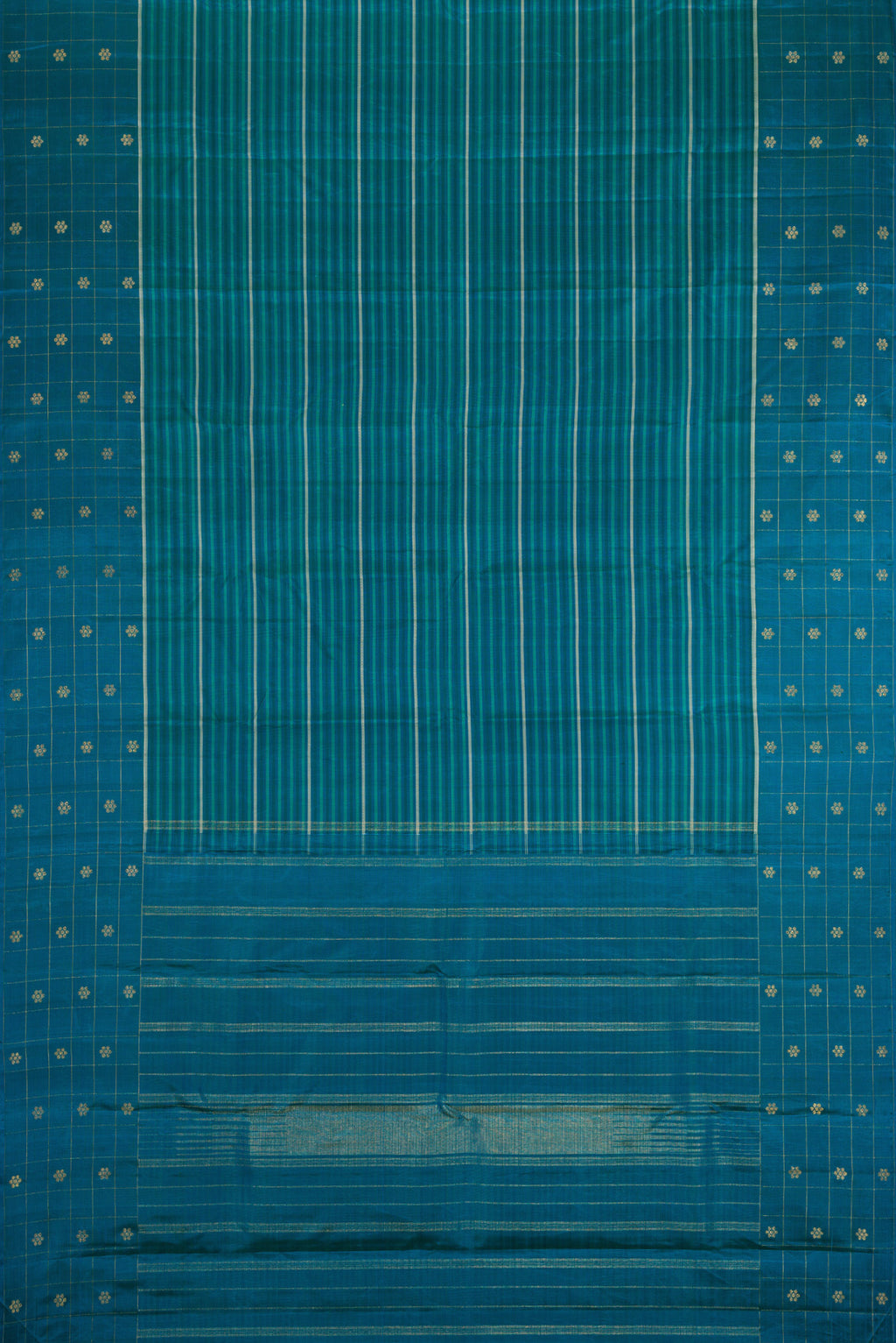 Flat view of Peacock Blue Kanjivaram Silk Saree with Stripes on the body and Fancy Border. 