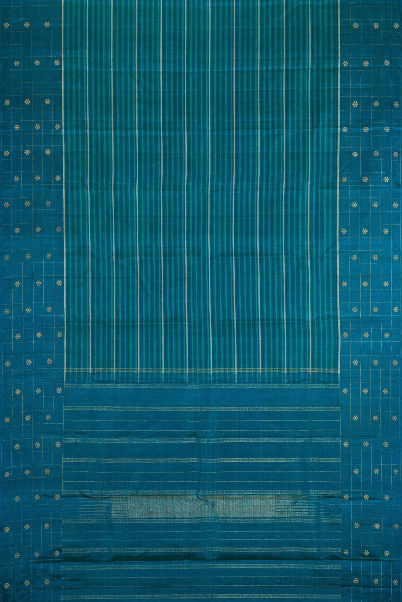 Flat view of Peacock Blue Kanjivaram Silk Saree with Stripes on the body and Fancy Border. 