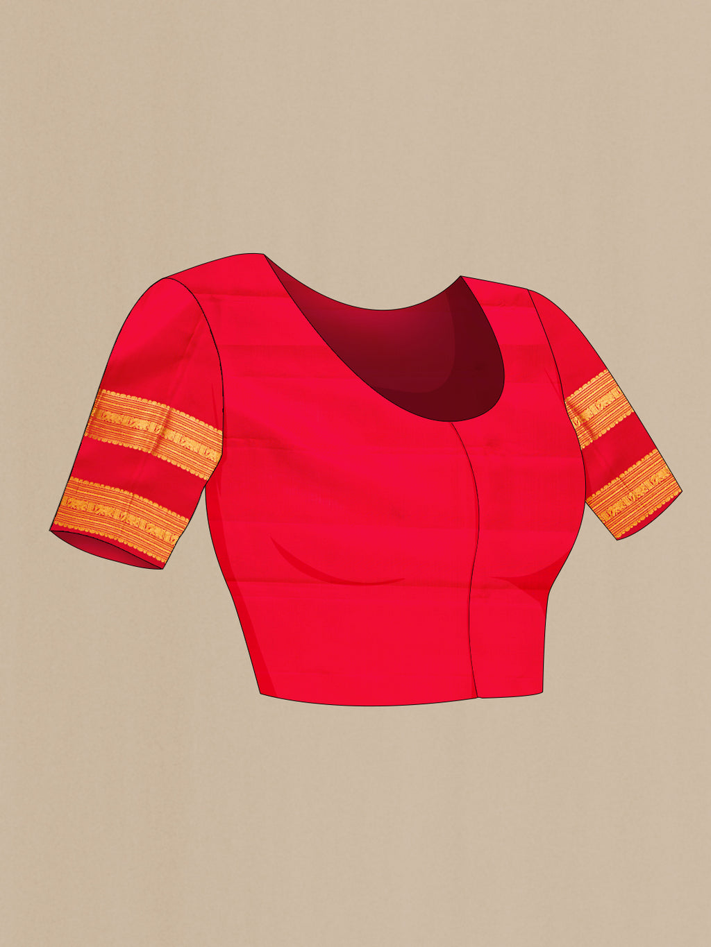 Close up image of the blouse of Red Kanjivaram Silk Saree with Zari Butta on the body and Zari Border. 
