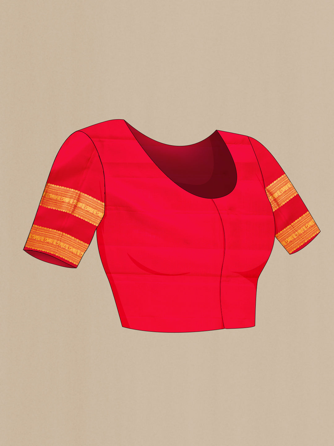 Close up image of the blouse of Red Kanjivaram Silk Saree with Zari Butta on the body and Zari Border. 