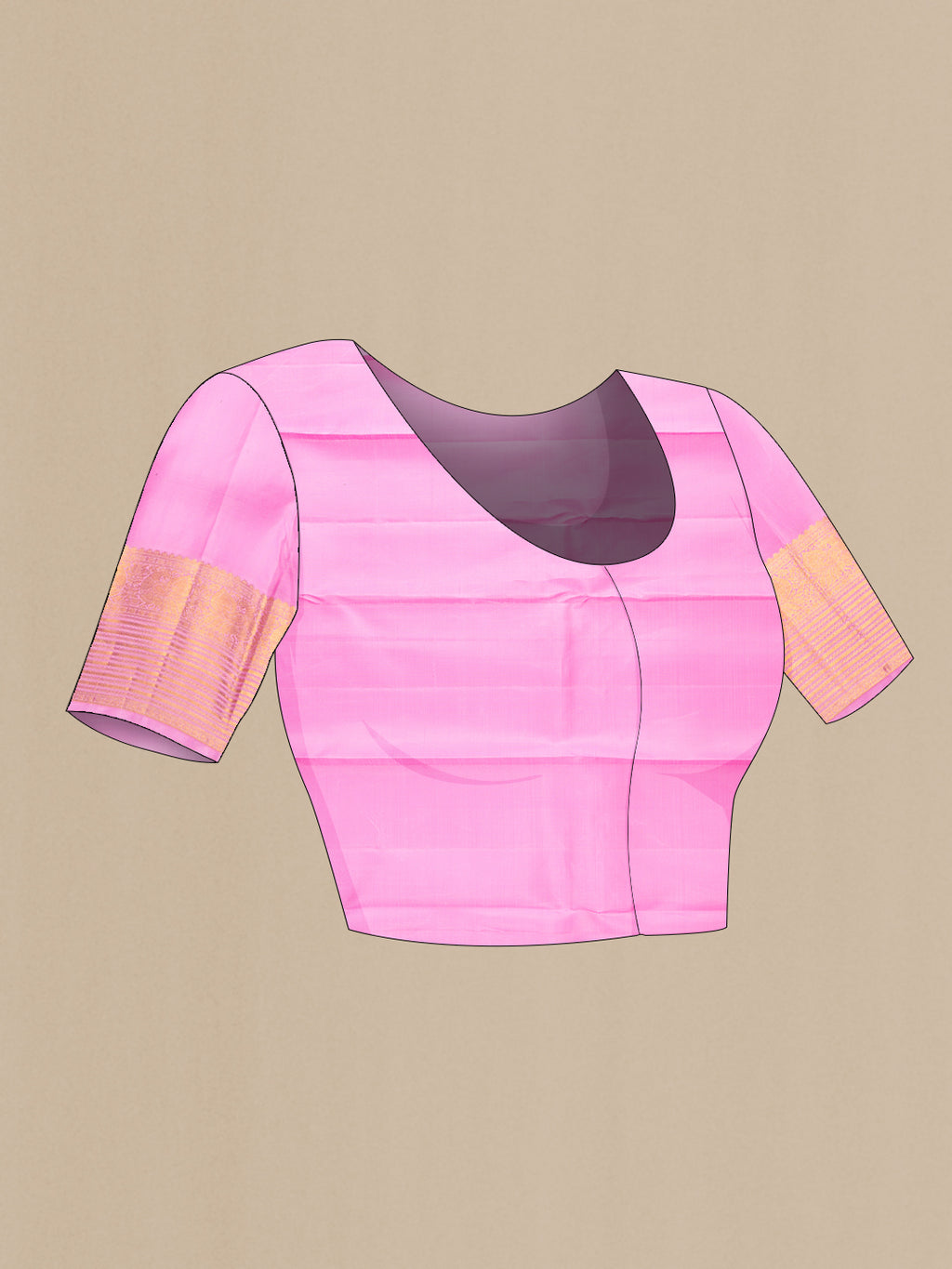Close up image of the blouse of Rose pink Kanjivaram Silk Saree with Zari Butta on the body and Zari Border. 