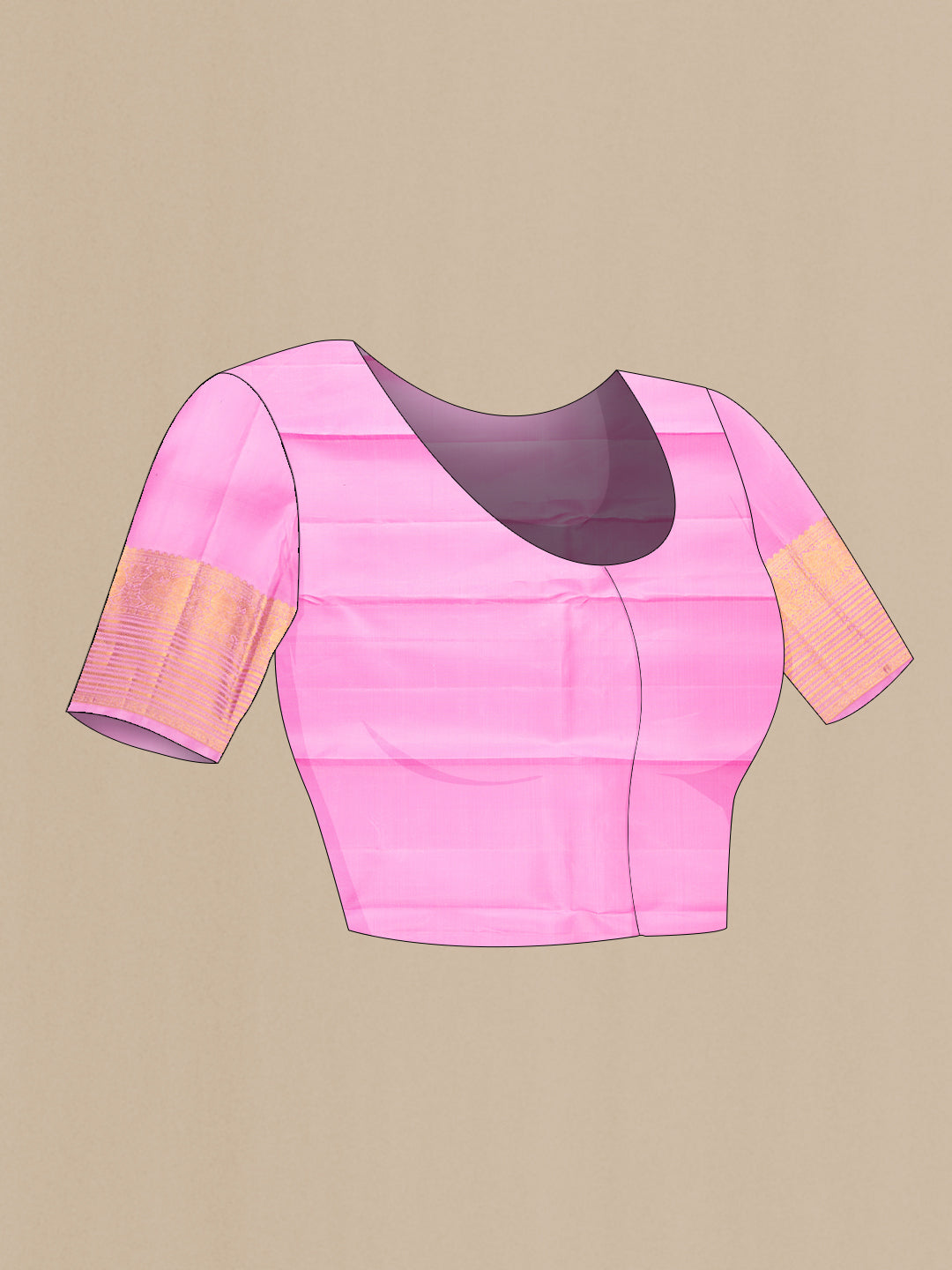 Close up image of the blouse of Rose pink Kanjivaram Silk Saree with Zari Butta on the body and Zari Border. 