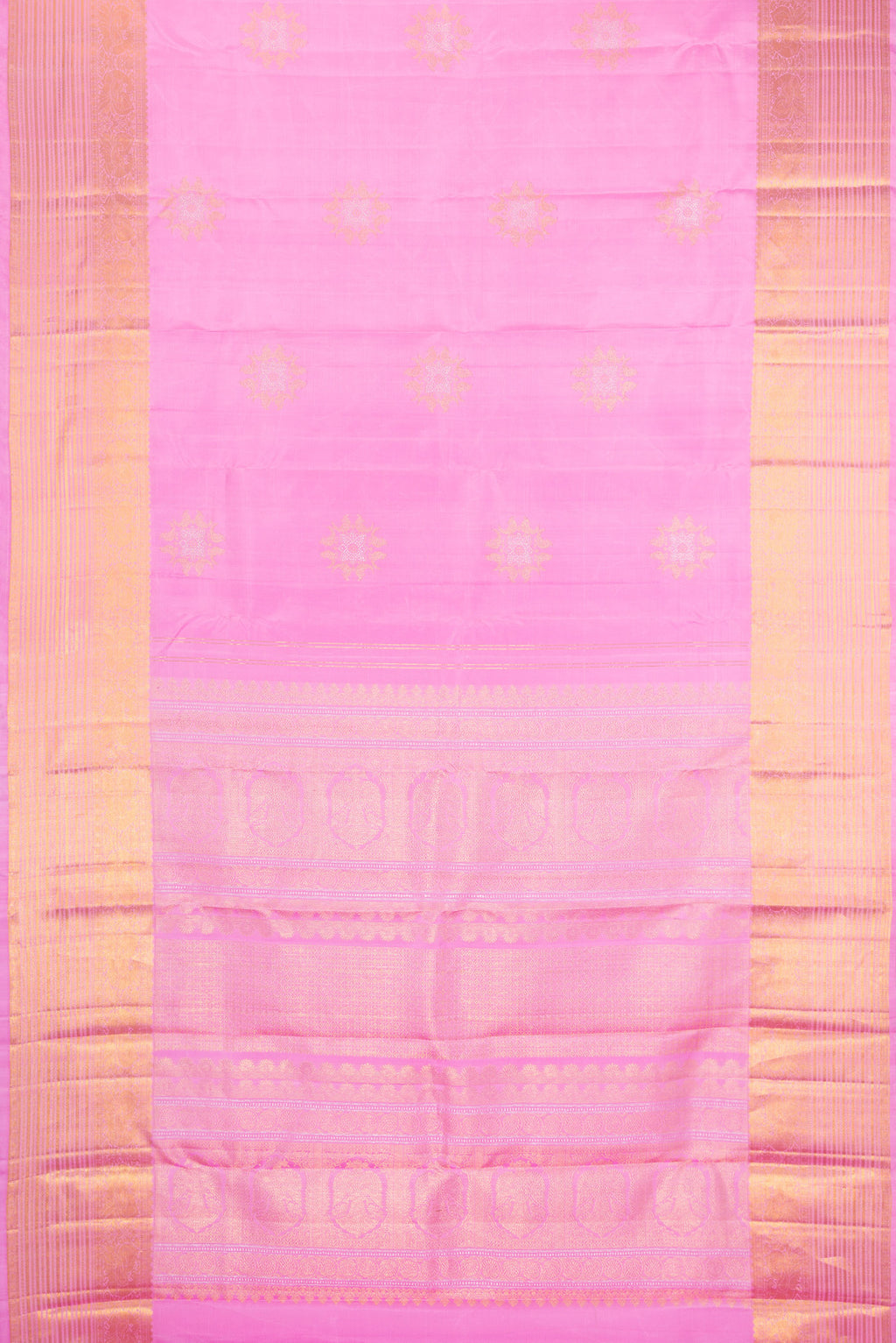 Flat view of Rose pink Kanjivaram Silk Saree with Zari Butta on the body and Zari Border. 