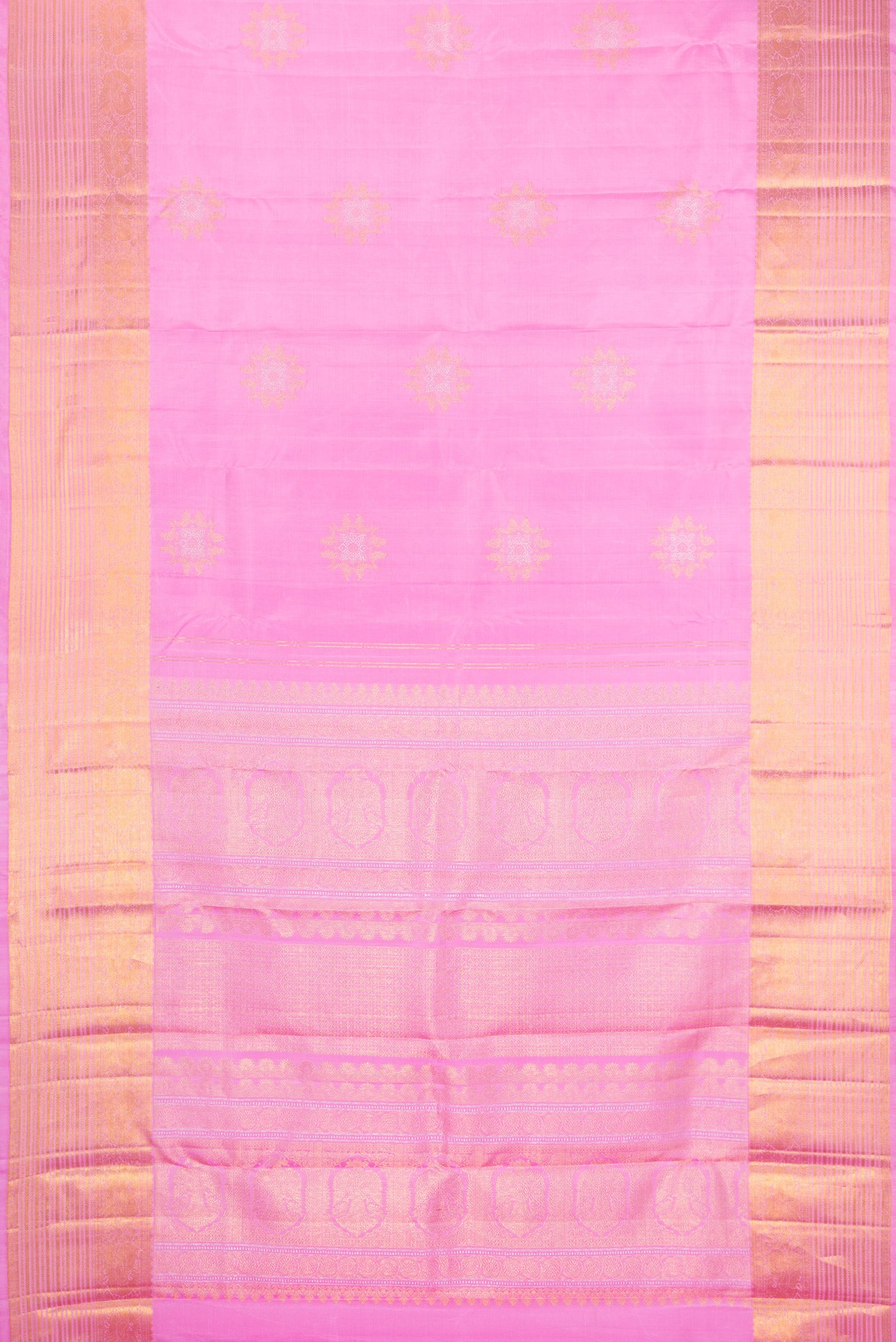 Flat view of Rose pink Kanjivaram Silk Saree with Zari Butta on the body and Zari Border. 