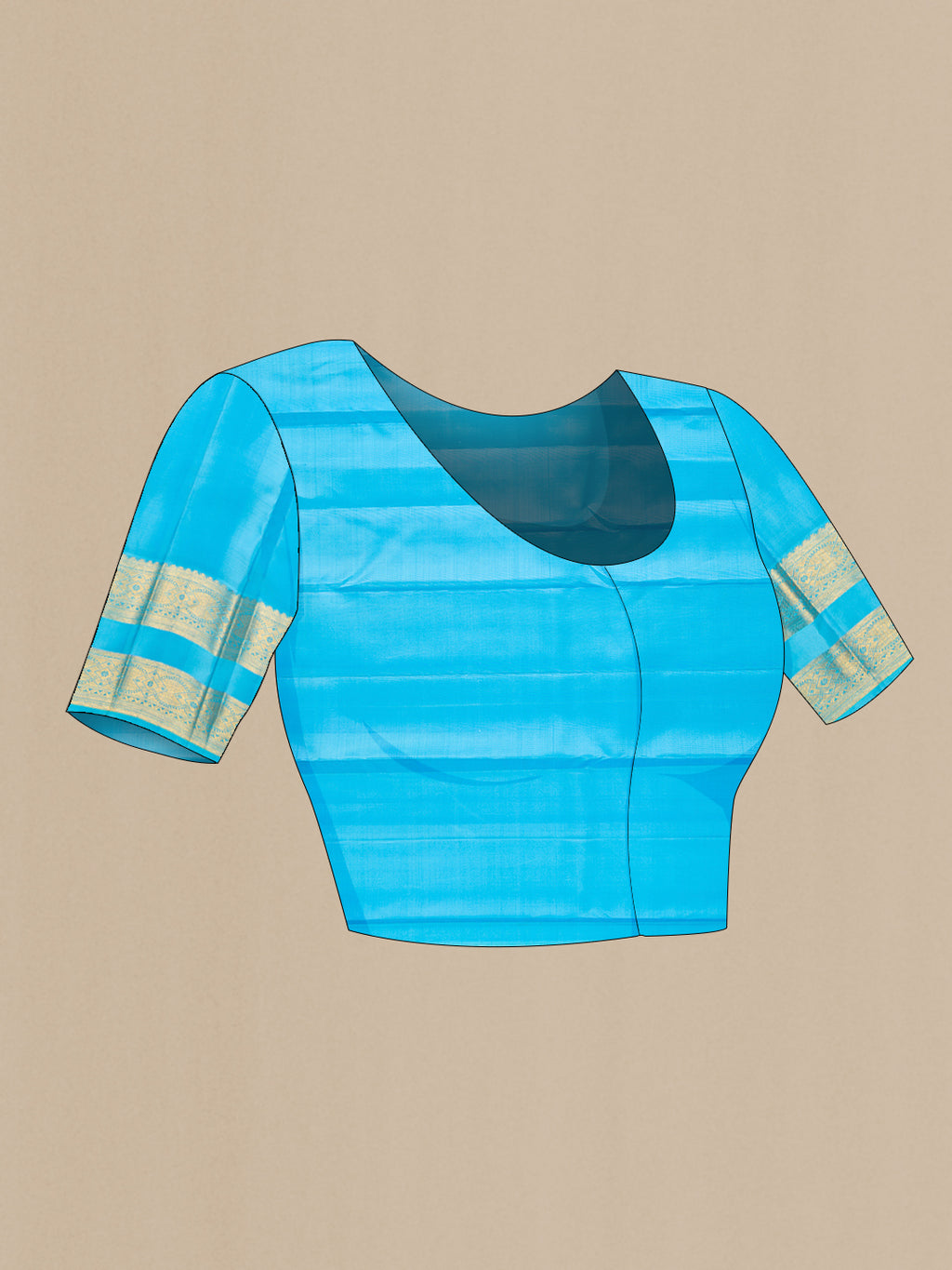Close up image of the blouse of Sky Blue Kanjivaram Silk Saree with Zari Butta on the body and Zari Border. 