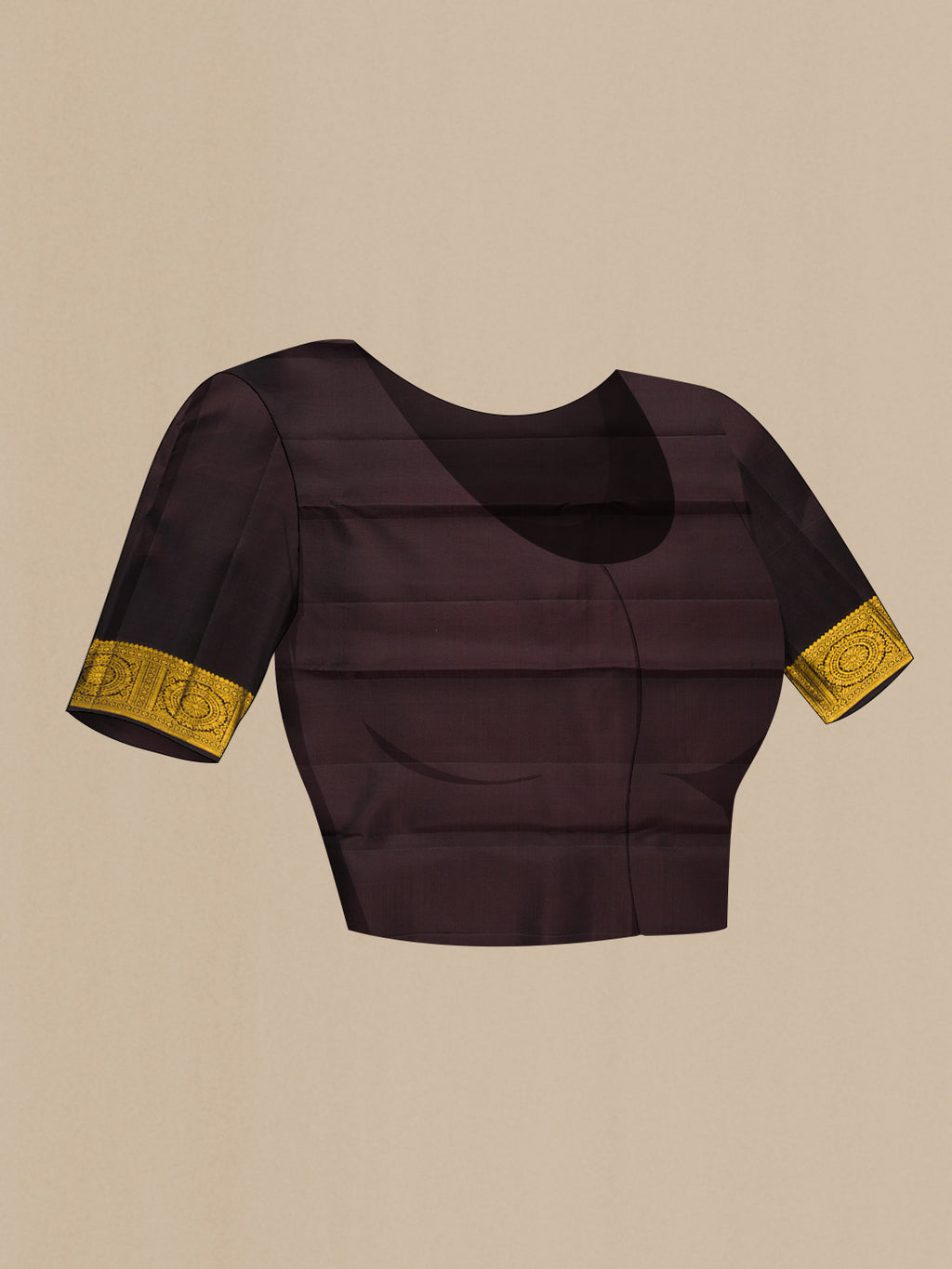 Close up image of the blouse of Coffee Brown Kanjivaram Silk Saree with Zari Butta on the body and Zari Border. 