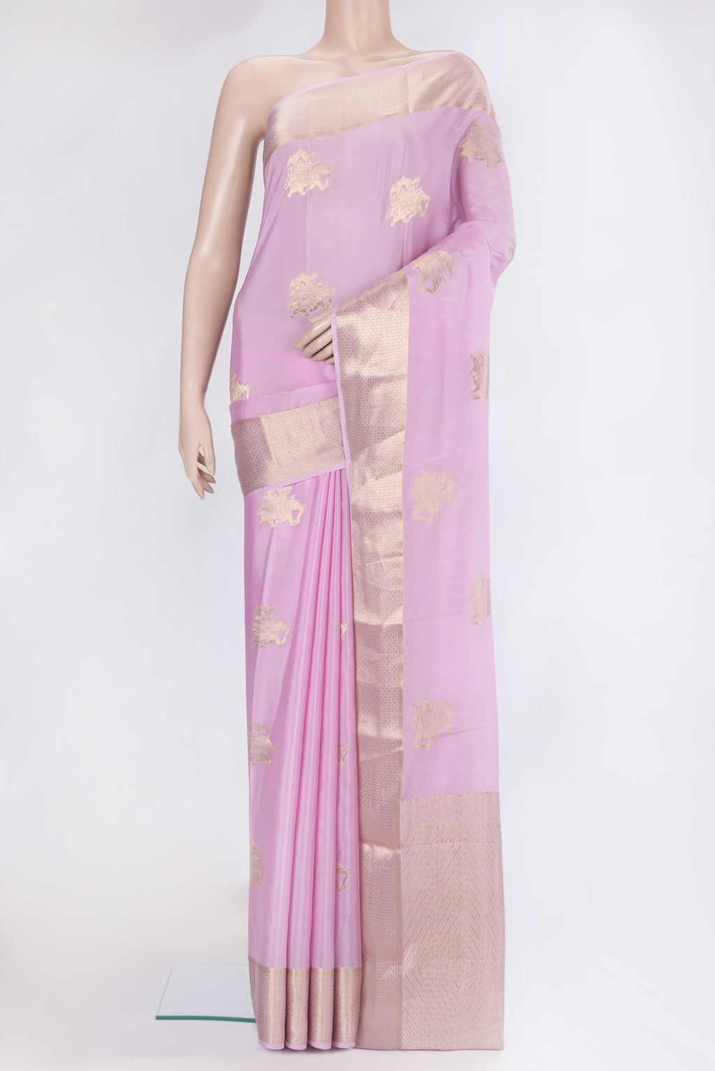 Lavender Mysore Silk Saree with Zari Butta on the body and Zari Border.  displayed on a mannequin