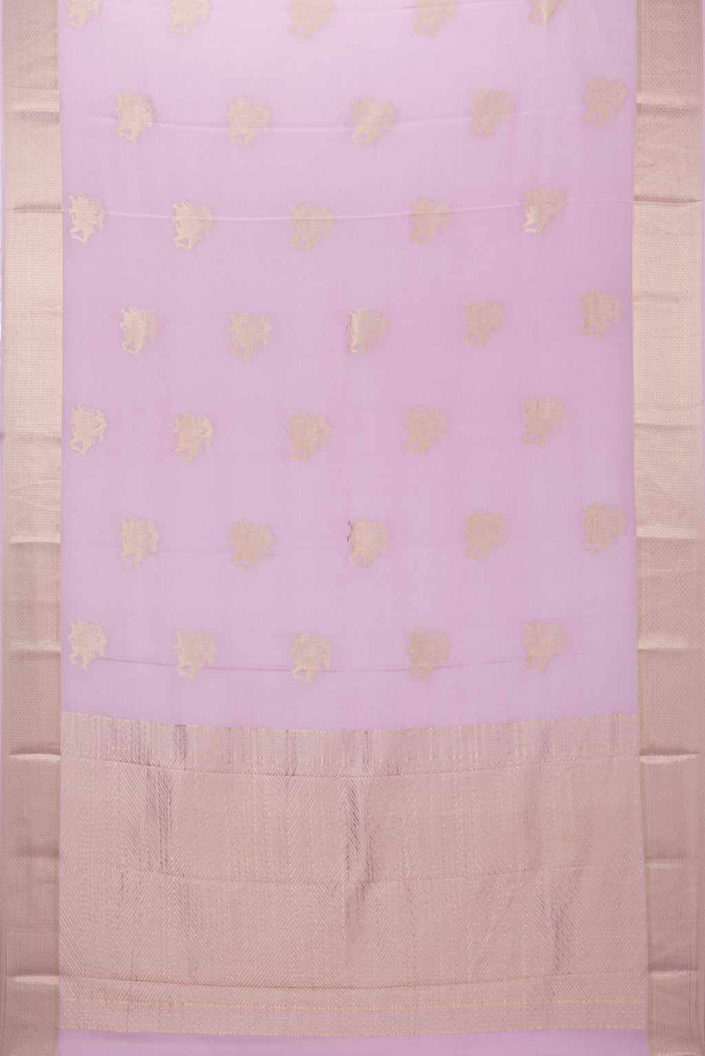 Flat view of Lavender Mysore Silk Saree with Zari Butta on the body and Zari Border. 