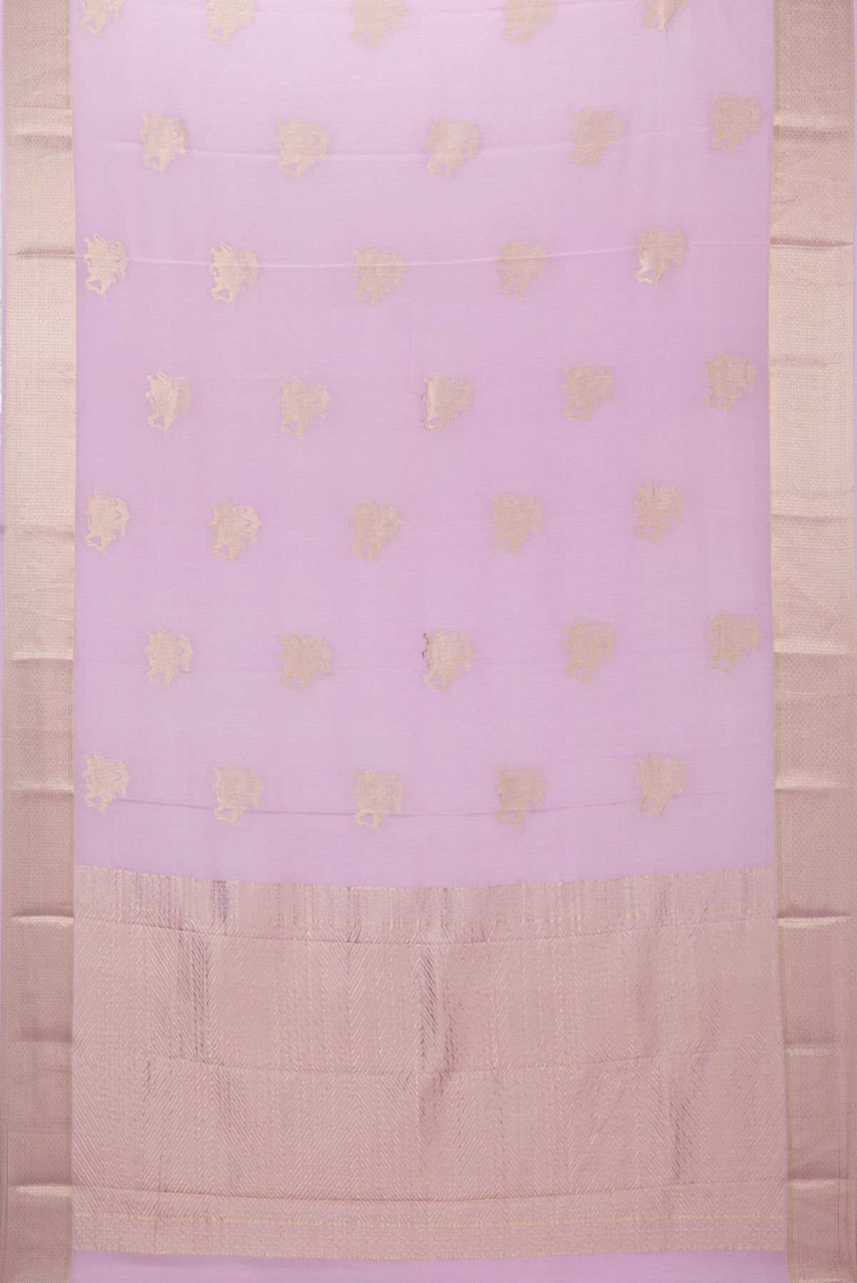 Flat view of Lavender Mysore Silk Saree with Zari Butta on the body and Zari Border. 