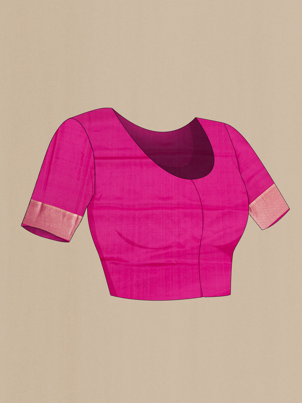 Close up image of the blouse of Dark Pink Mysore Silk Saree with Zari Butta on the body and Zari Border. 