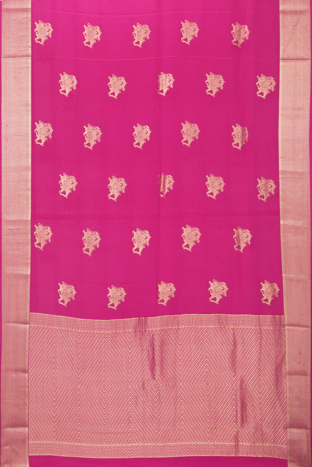 Flat view of Dark Pink Mysore Silk Saree with Zari Butta on the body and Zari Border. 