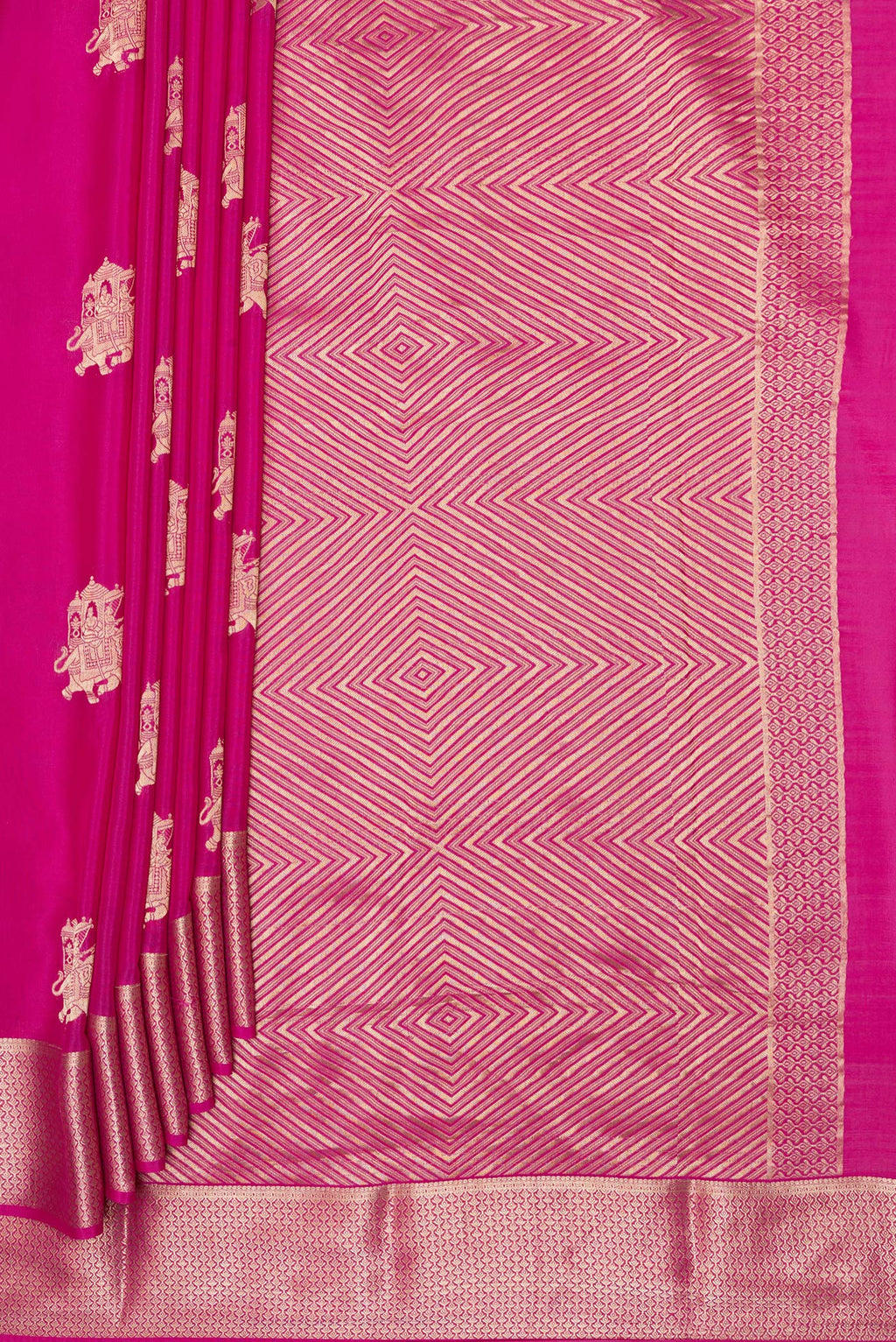 Pleats and pallu of Dark Pink Mysore Silk Saree with Zari Butta on the body and Zari Border. 
