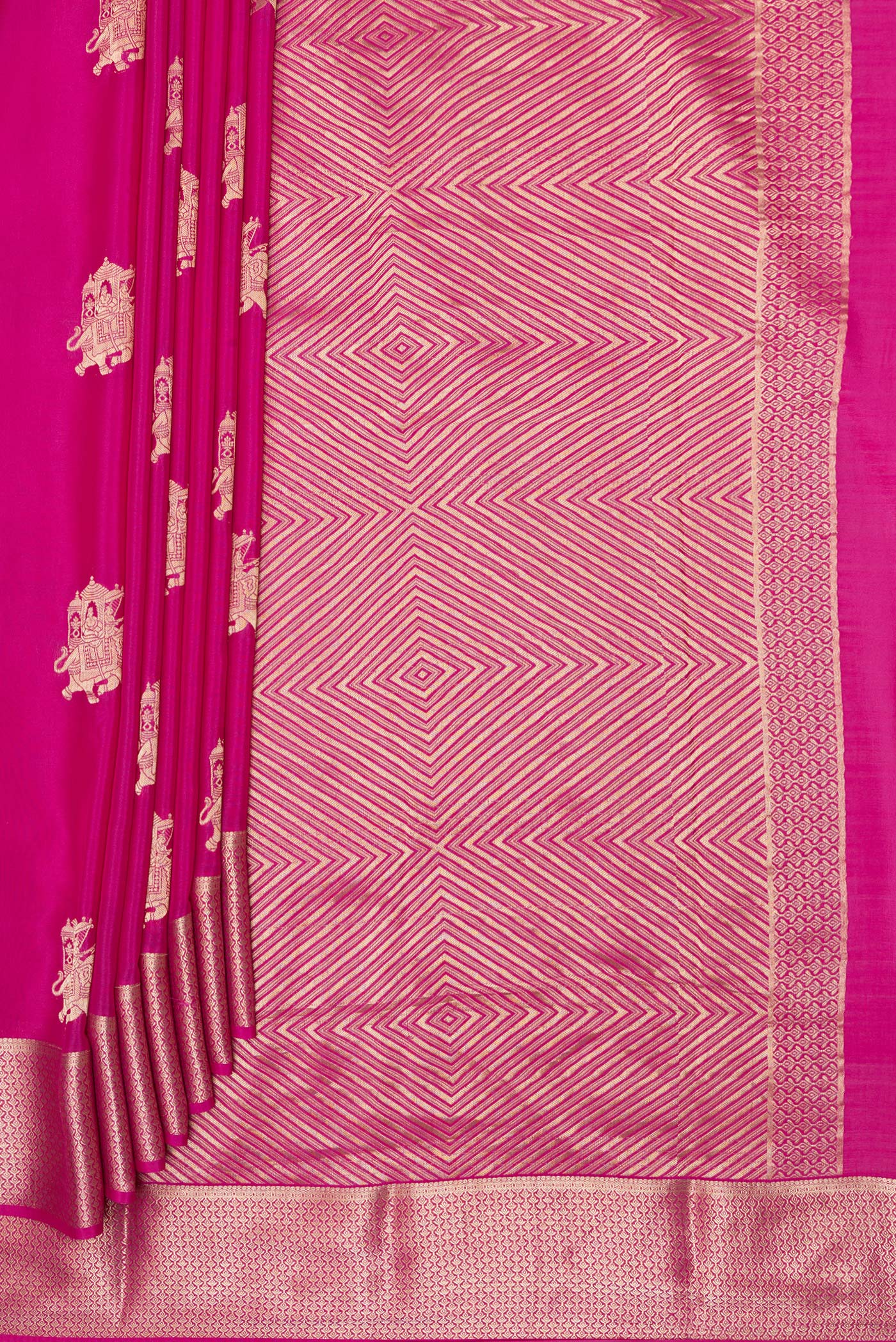 Pleats and pallu of Dark Pink Mysore Silk Saree with Zari Butta on the body and Zari Border. 