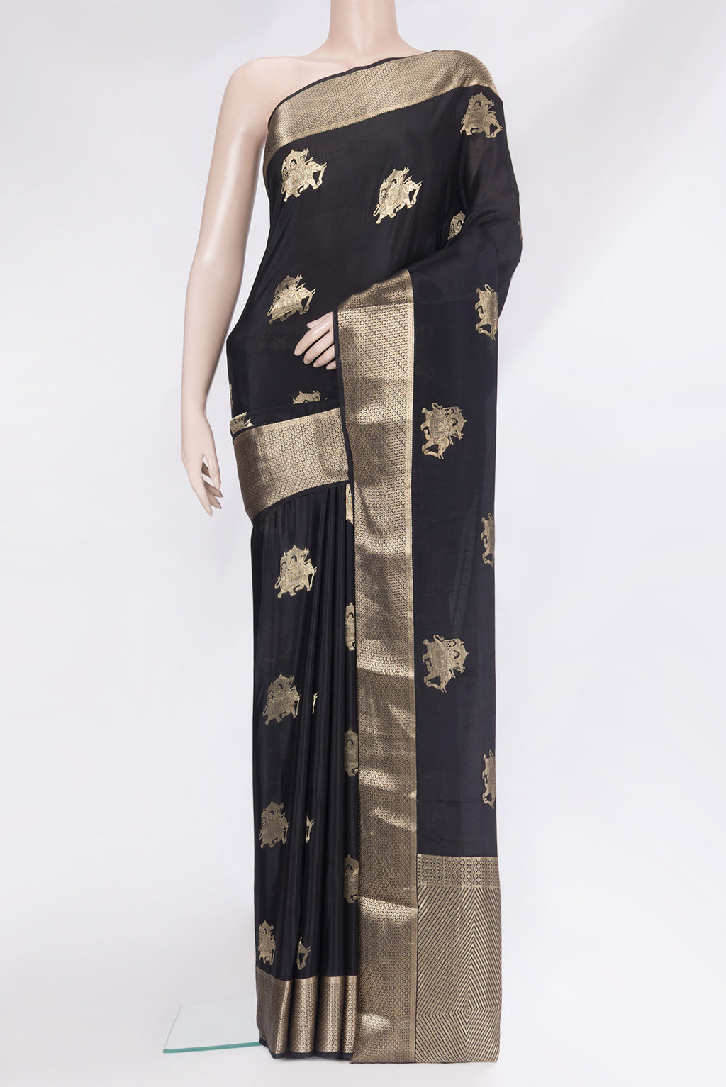 Black Mysore Silk Saree with Zari Butta on the body and Zari Border.  displayed on a mannequin