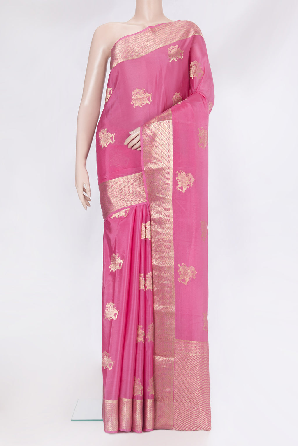 Pink Mysore Silk Saree with Zari Butta on the body and Zari Border.  displayed on a mannequin
