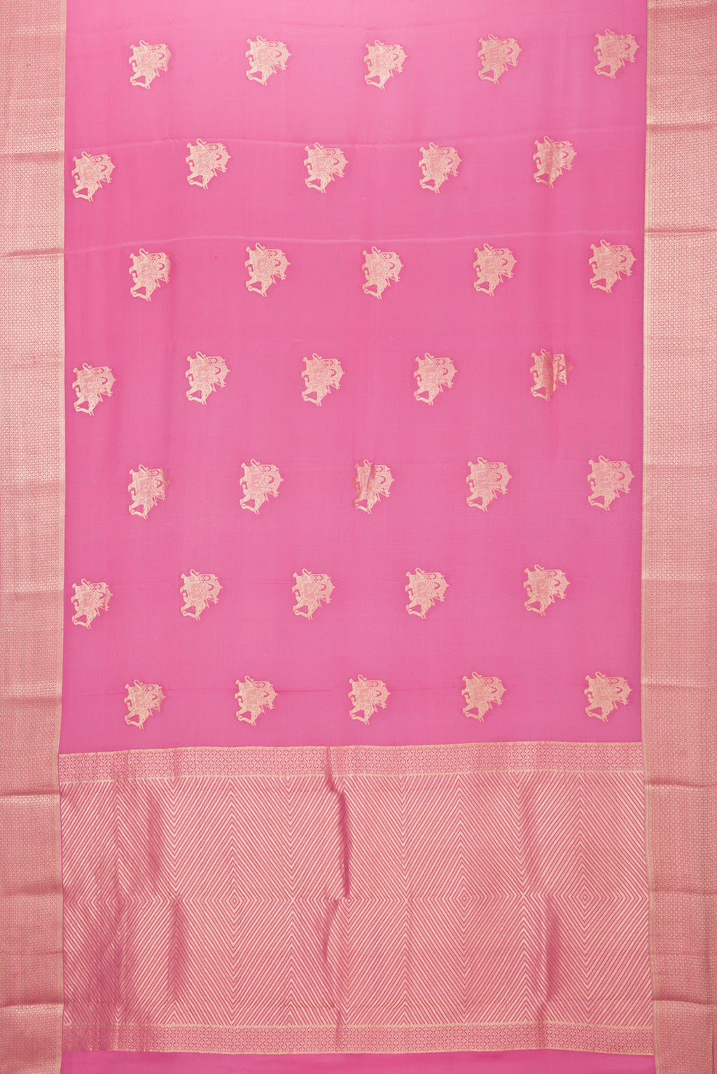 Flat view of Pink Mysore Silk Saree with Zari Butta on the body and Zari Border. 
