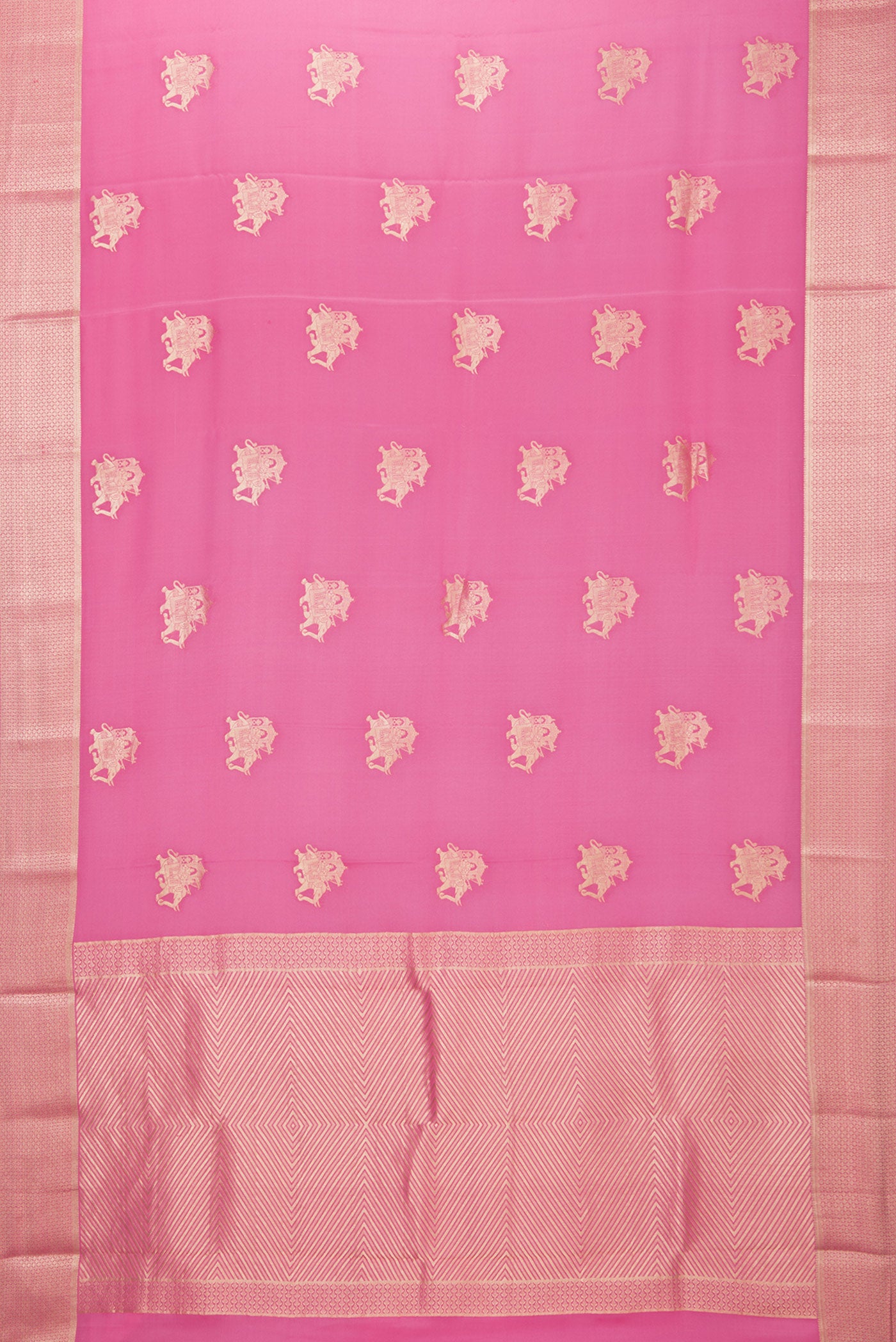 Flat view of Pink Mysore Silk Saree with Zari Butta on the body and Zari Border. 